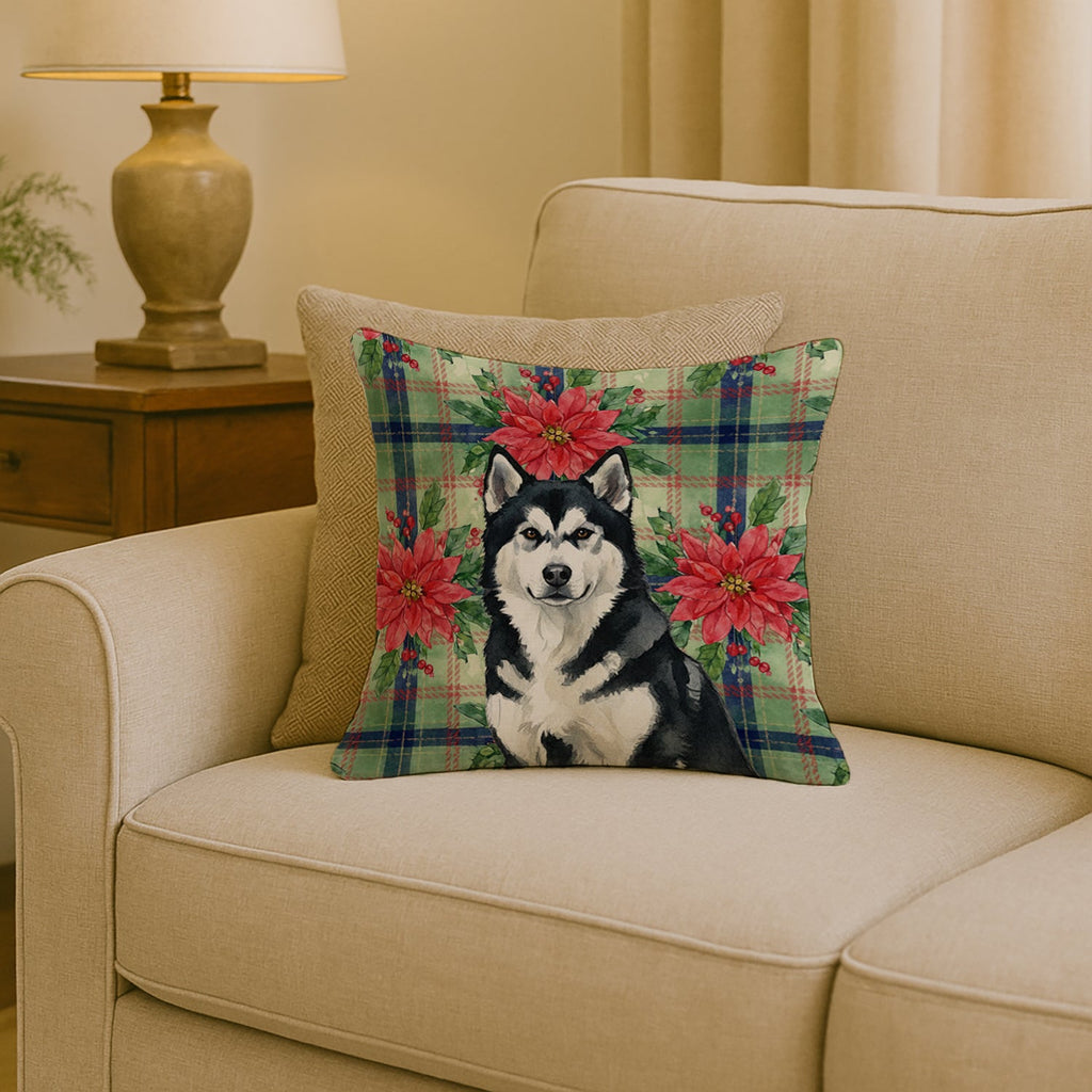 Black and White Alaskan Malamute Christmas PoinsettIas Decorative Throw Pillow 18x18 Indoor Outdoor Accent Cushion, Fabric Cover with Insert for Sofa, Bed, Porch & Living Room