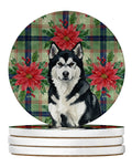 Black and White Alaskan Malamute Christmas PoinsettIas Large Sandstone Coasters Pack of 4 Absorbent Round Coasters Decor Gifts for Men or Women, 4 in, Multicolor