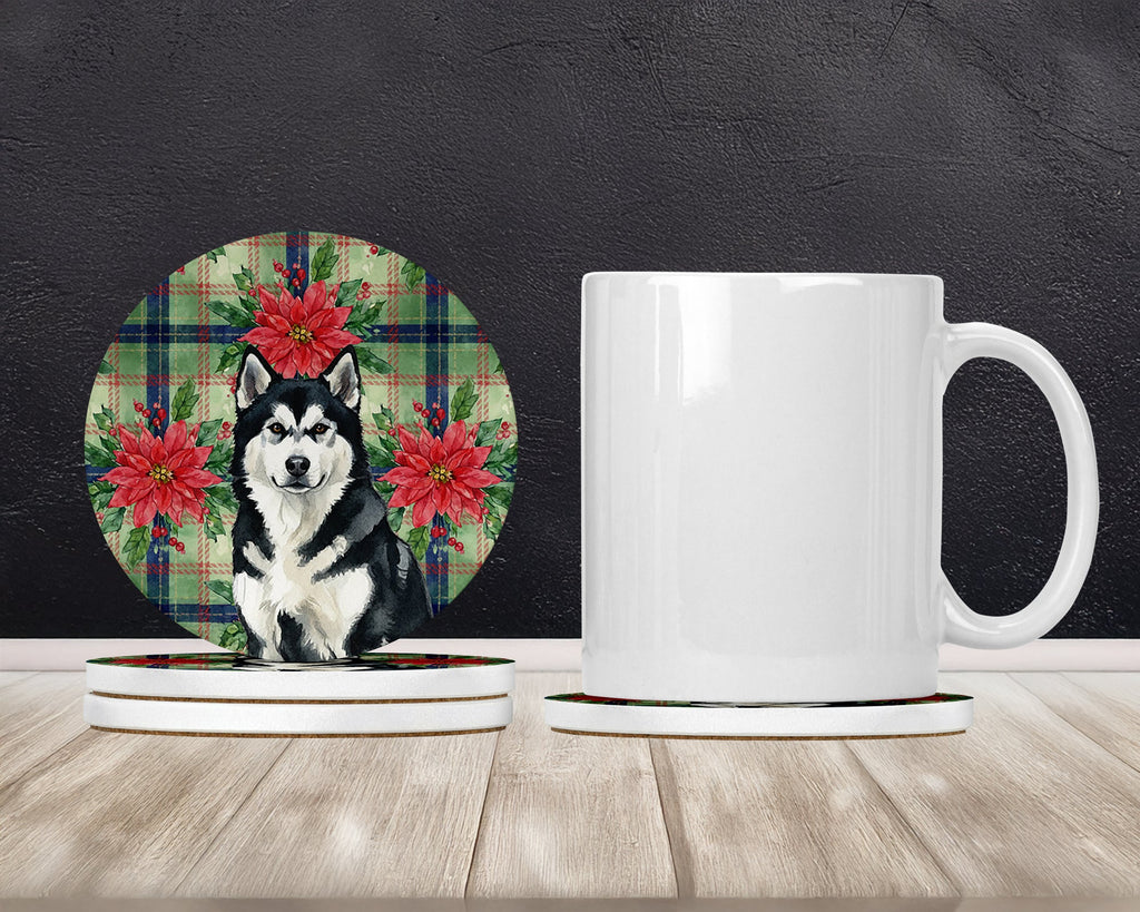 Black and White Alaskan Malamute Christmas PoinsettIas Large Sandstone Coasters Pack of 4 Absorbent Round Coasters Decor Gifts for Men or Women, 4 in, Multicolor