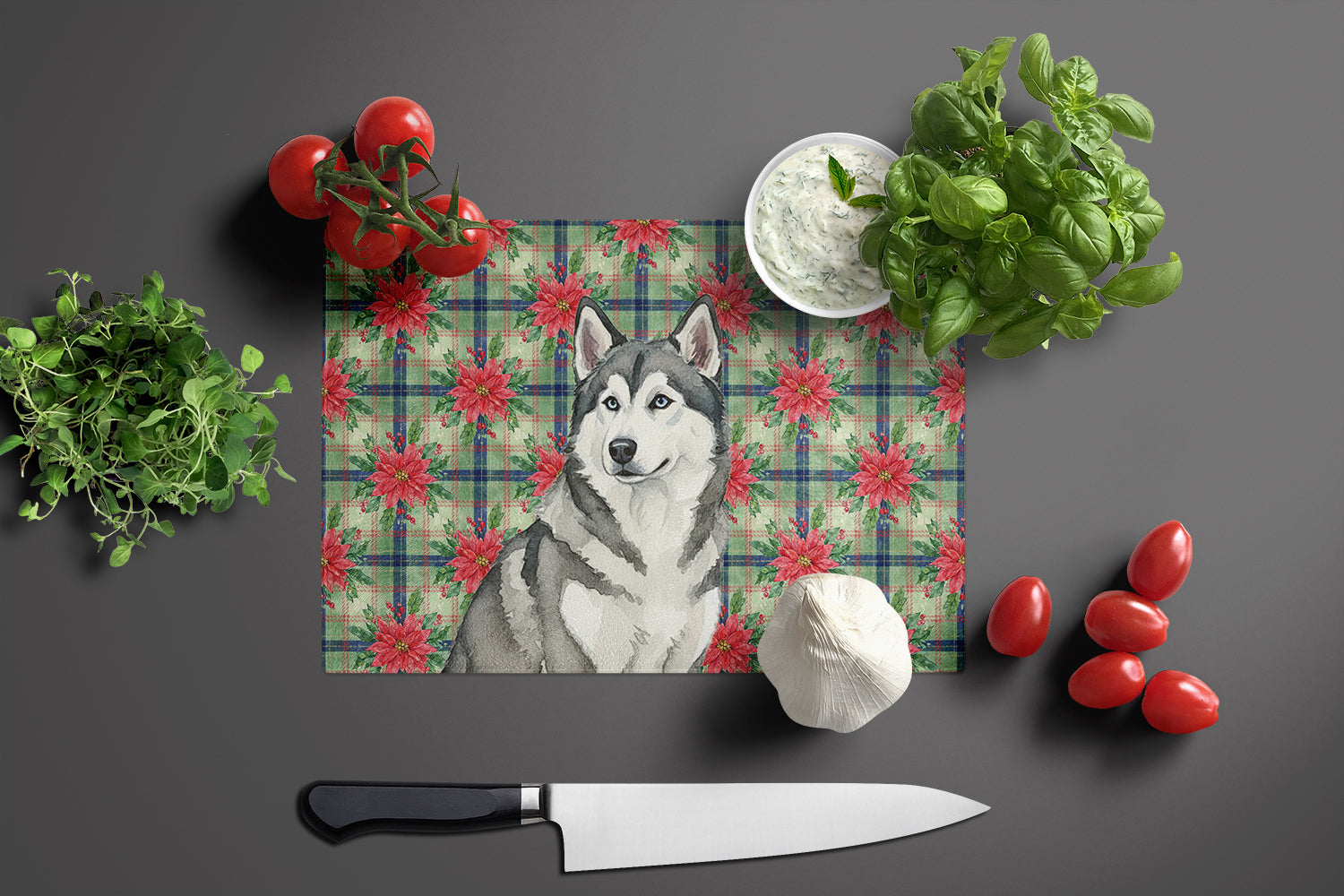 Gray and White Alaskan Malamute Christmas PoinsettIas Cutting Board Tempered Glass Kitchen Cutting Surface, Heat Resistant Chopping, Non-Slip Feet, Food Prep & Serving