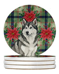 Gray and White Alaskan Malamute Christmas PoinsettIas Large Sandstone Coasters Pack of 4 Absorbent Round Coasters Decor Gifts for Men or Women, 4 in, Multicolor