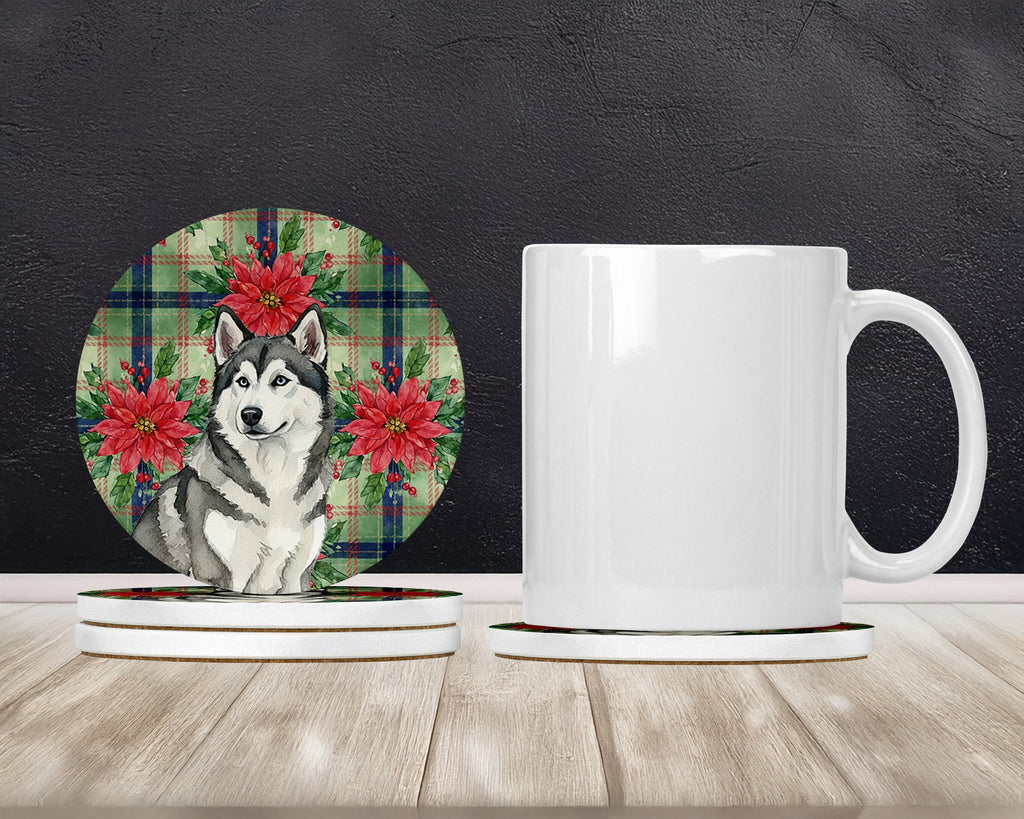 Gray and White Alaskan Malamute Christmas PoinsettIas Large Sandstone Coasters Pack of 4 Absorbent Round Coasters Decor Gifts for Men or Women, 4 in, Multicolor