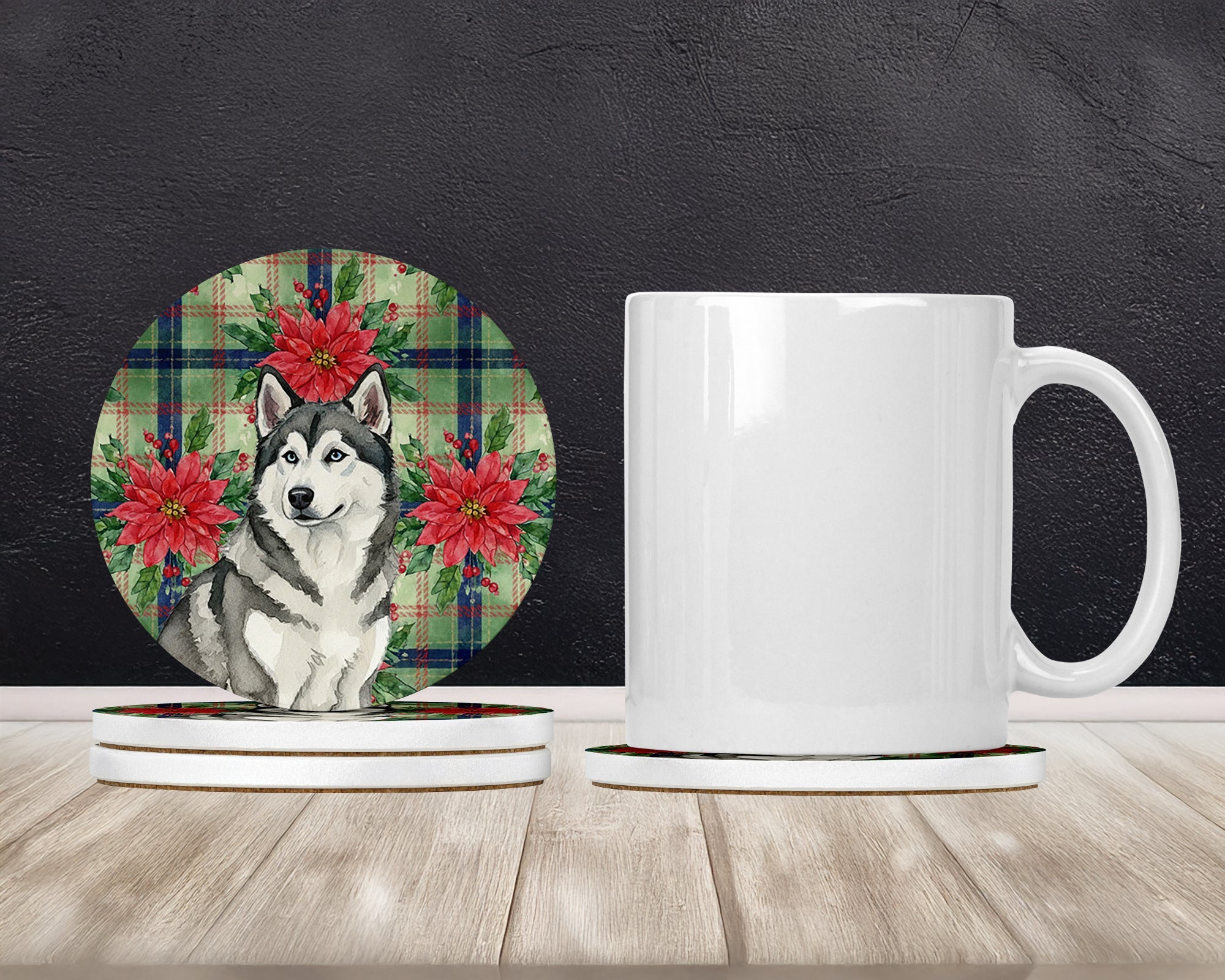 Gray and White Alaskan Malamute Christmas PoinsettIas Large Sandstone Coasters Pack of 4 Absorbent Round Coasters Decor Gifts for Men or Women, 4 in, Multicolor
