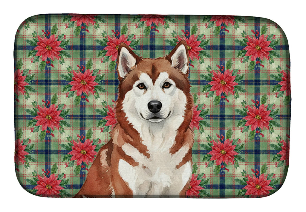 Red and White Alaskan Malamute Christmas Poinsettas Dish Drying Mat Absorbent Dish Drying Mat Pad for Kitchen Counter Dish Drainer Mat for Countertop, 14 x 21", Multicolor