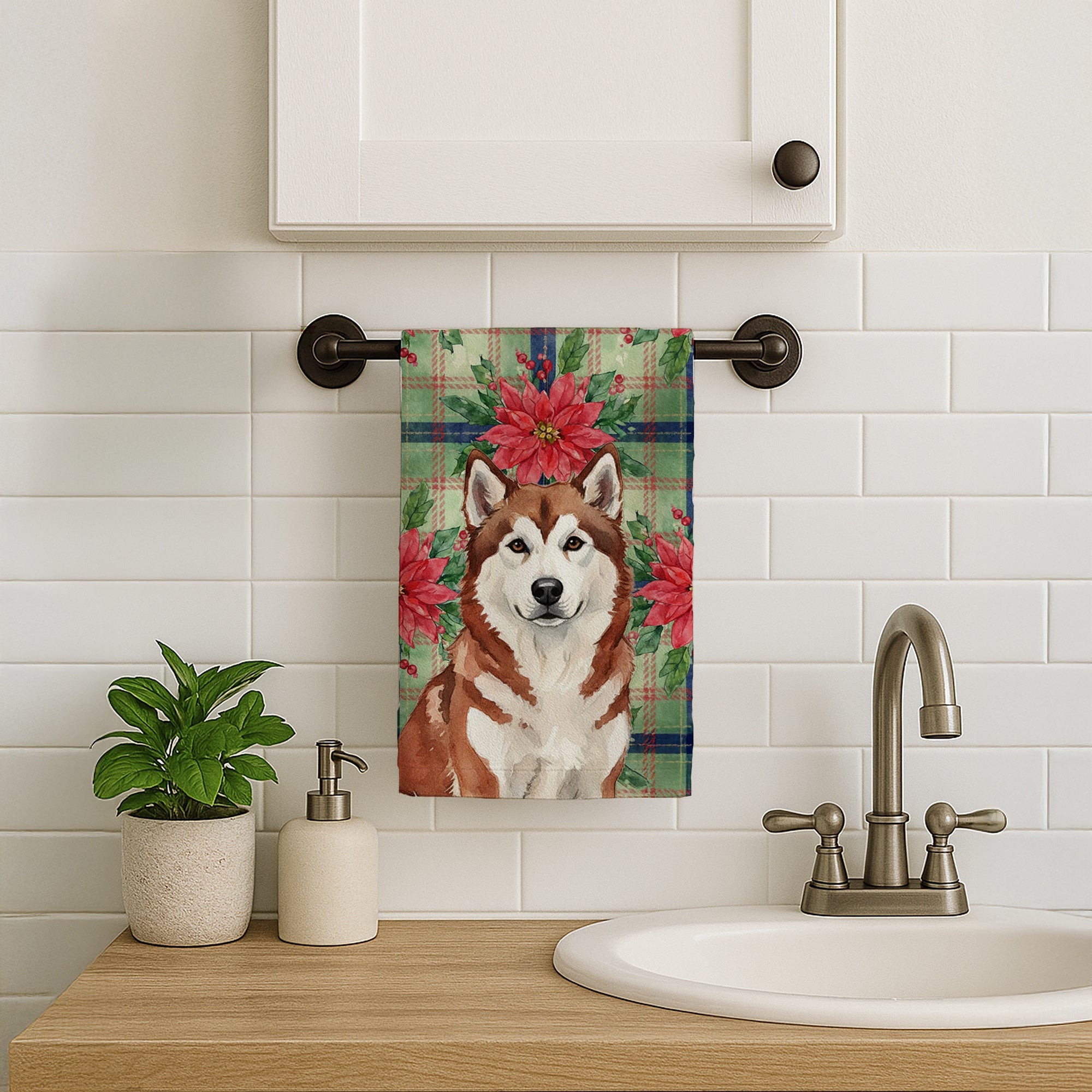 Red and White Alaskan Malamute Christmas Poinsettas Kitchen Towel Velour Plush Front and Cotton Loop Back Machine Washable