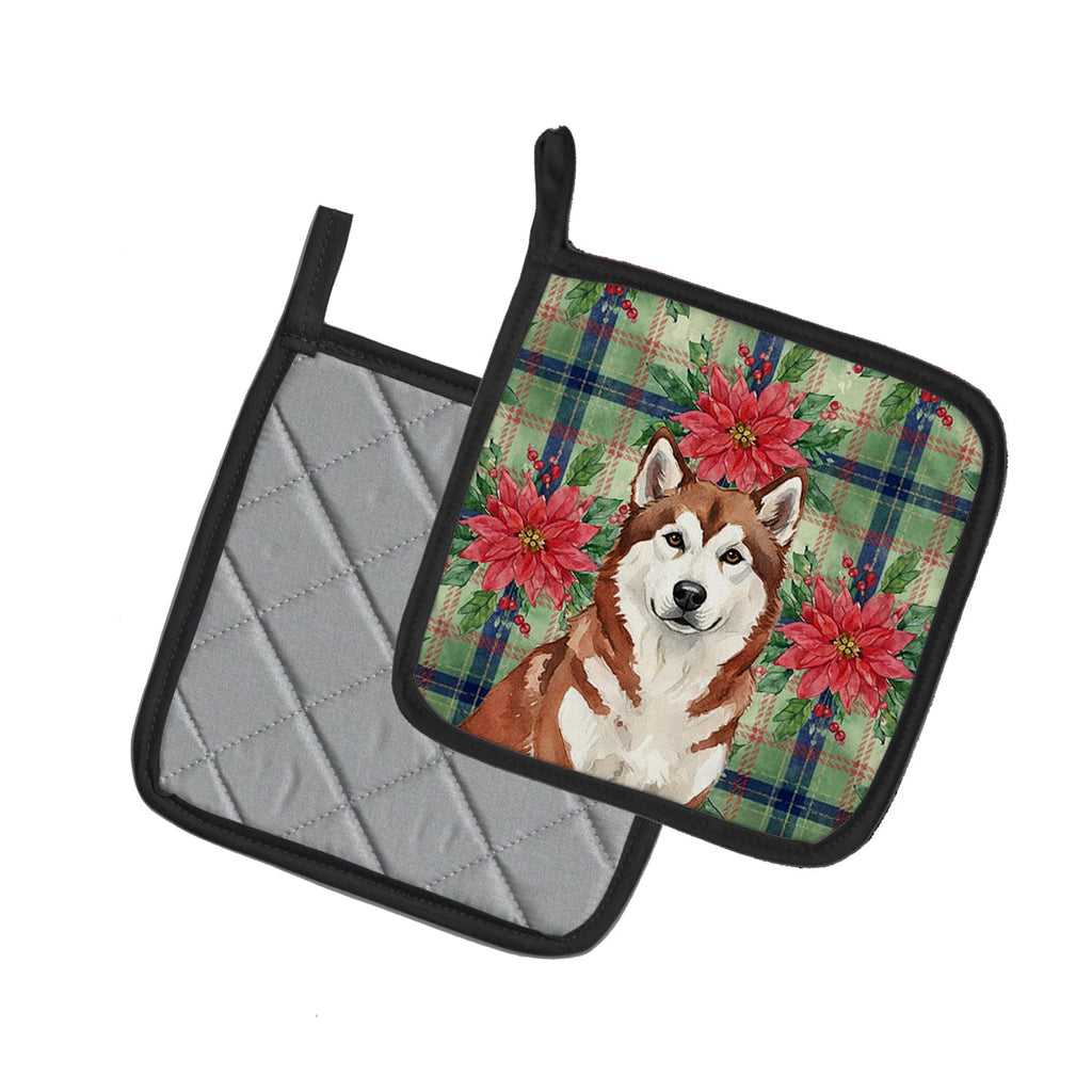 Red and White Alaskan Malamute Christmas Poinsettas Pot Holder Set of 2 Heat Resistant Quilted Hot Pads 7.5 x 7.5 Inch, Insulated Kitchen Trivets for Cooking & Baking