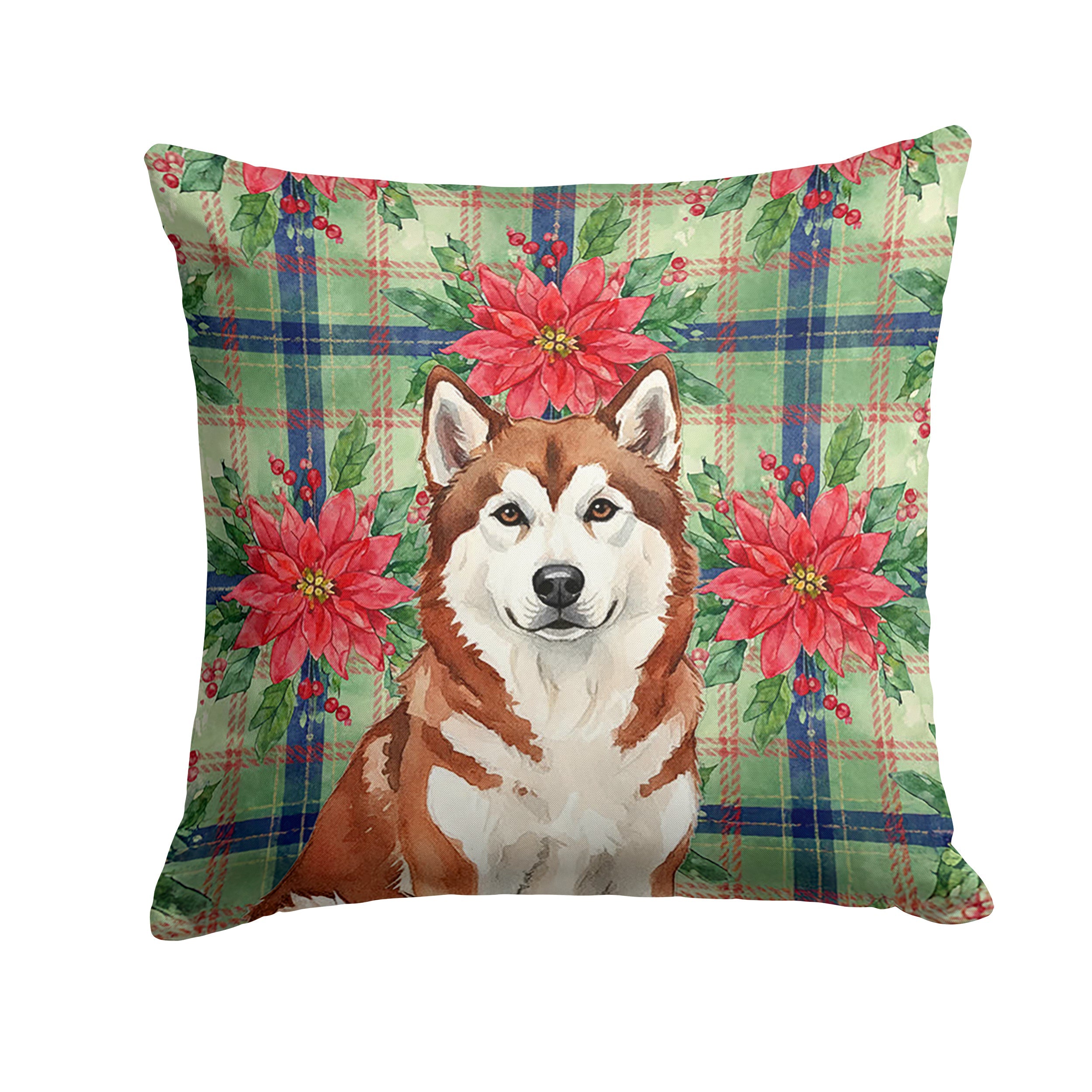 Red and White Alaskan Malamute Christmas Poinsettas Decorative Throw Pillow 14x14 Indoor Outdoor Accent Cushion, Fabric Cover with Insert for Sofa, Bed, Porch & Living Room