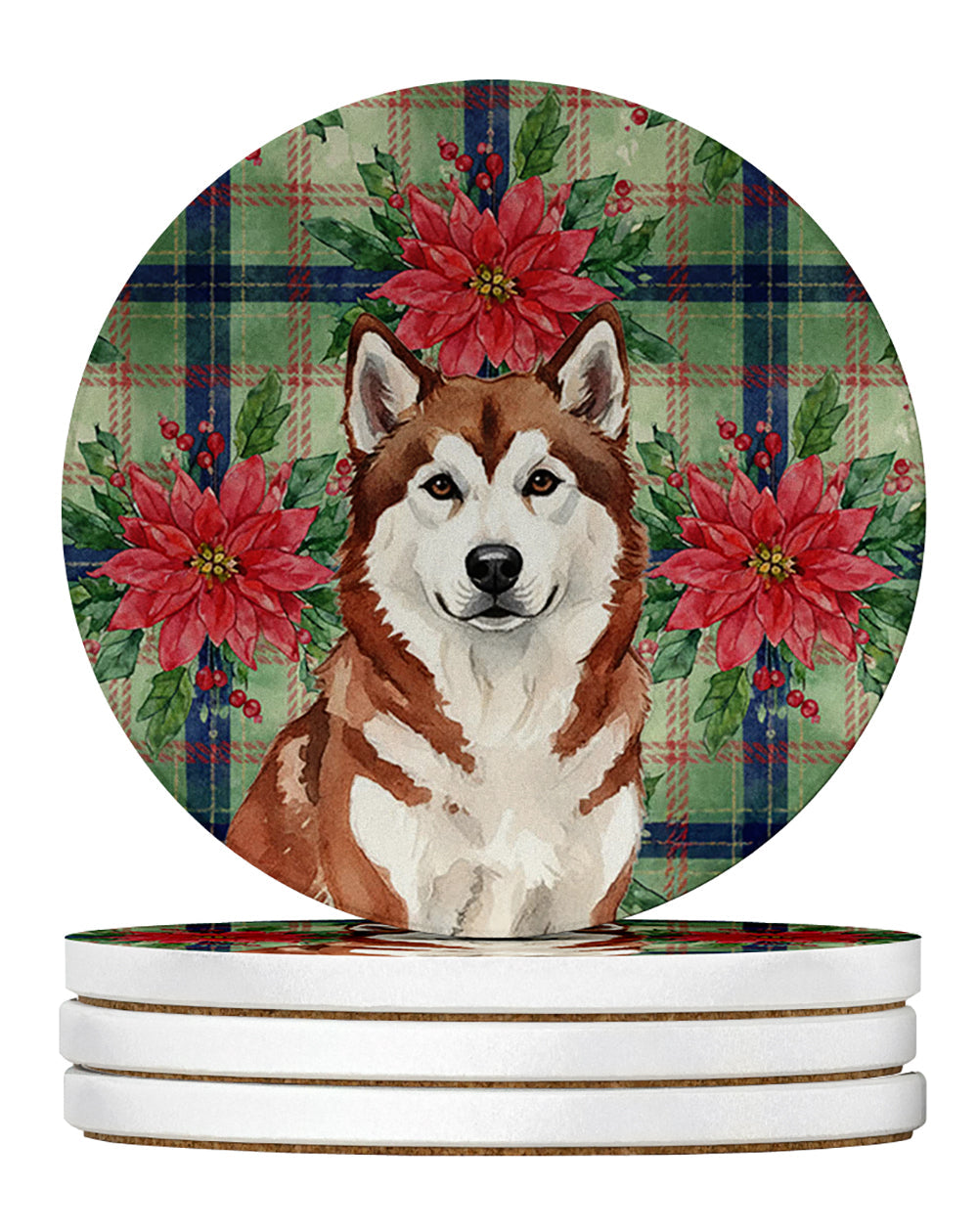 Red and White Alaskan Malamute Christmas Poinsettas Large Sandstone Coasters Pack of 4 Absorbent Round Coasters Decor Gifts for Men or Women, 4 in, Multicolor