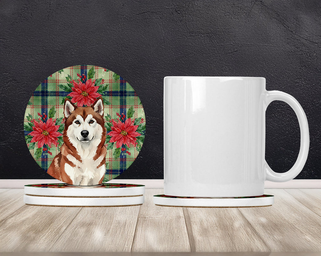 Red and White Alaskan Malamute Christmas Poinsettas Large Sandstone Coasters Pack of 4 Absorbent Round Coasters Decor Gifts for Men or Women, 4 in, Multicolor