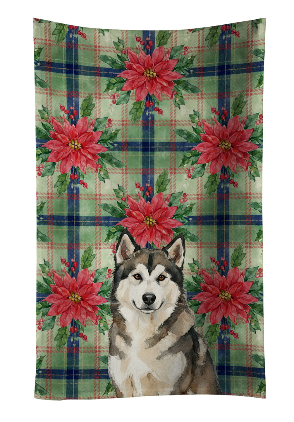 Sable and White Alaskan Malamute Christmas Poinsettas Kitchen Towel Velour Plush Front and Cotton Loop Back Machine Washable