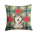 Sable and White Alaskan Malamute Christmas Poinsettas Decorative Throw Pillow 14x14 Indoor Outdoor Accent Cushion, Fabric Cover with Insert for Sofa, Bed, Porch & Living Room
