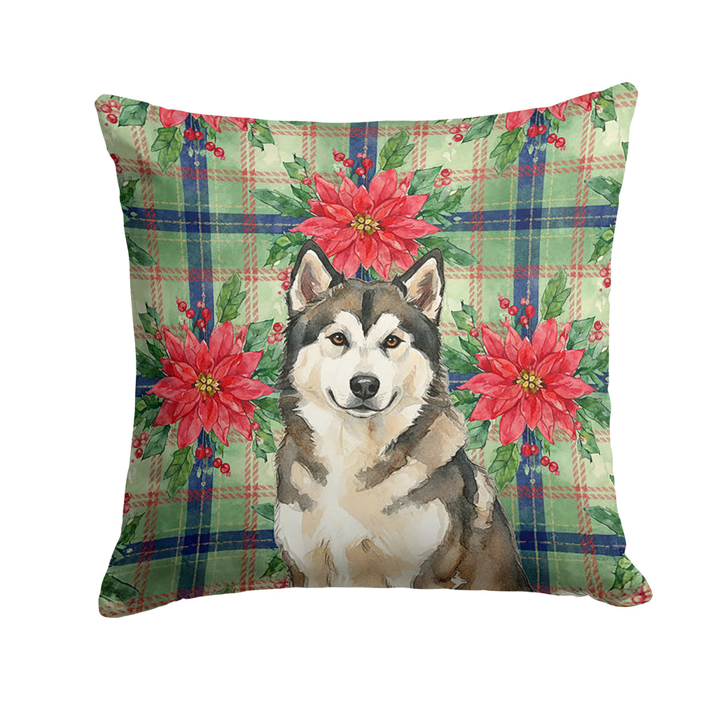 Sable and White Alaskan Malamute Christmas Poinsettas Decorative Throw Pillow 18x18 Indoor Outdoor Accent Cushion, Fabric Cover with Insert for Sofa, Bed, Porch & Living Room