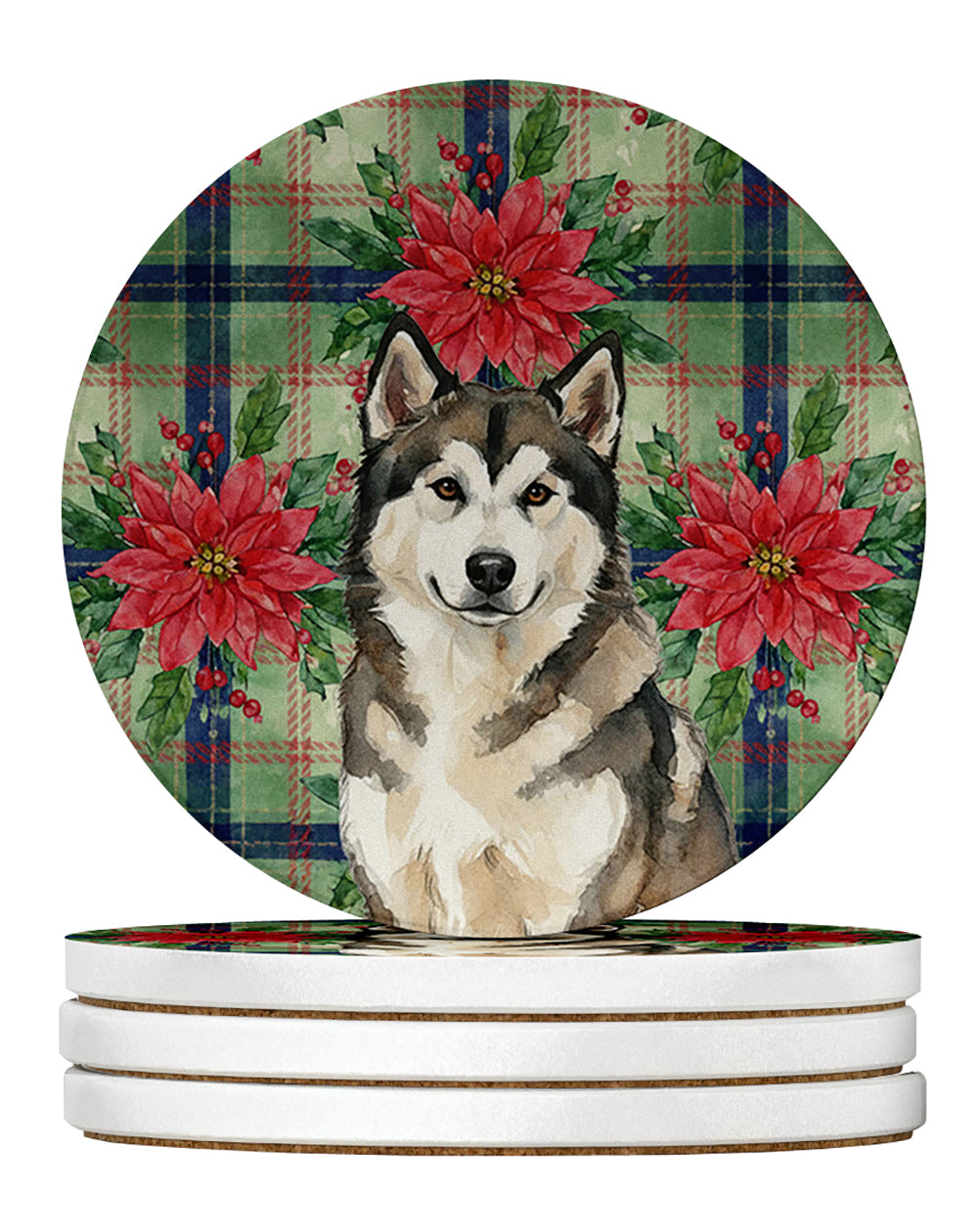 Sable and White Alaskan Malamute Christmas Poinsettas Large Sandstone Coasters Pack of 4 Absorbent Round Coasters Decor Gifts for Men or Women, 4 in, Multicolor