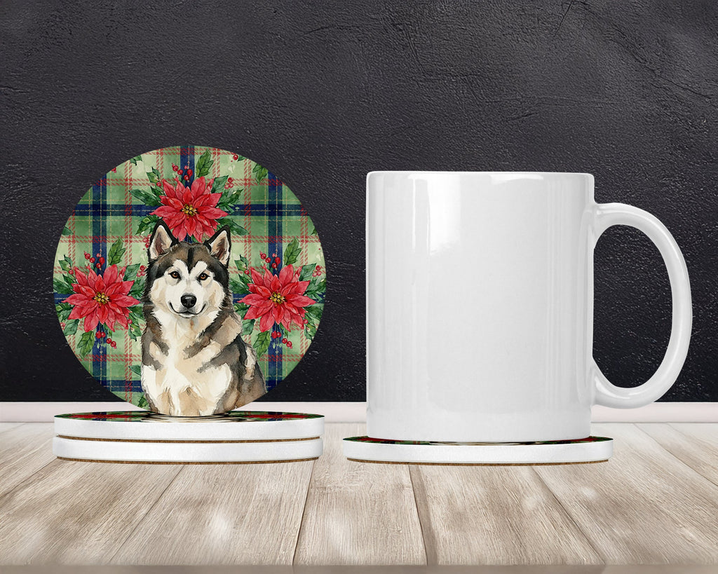 Sable and White Alaskan Malamute Christmas Poinsettas Large Sandstone Coasters Pack of 4 Absorbent Round Coasters Decor Gifts for Men or Women, 4 in, Multicolor