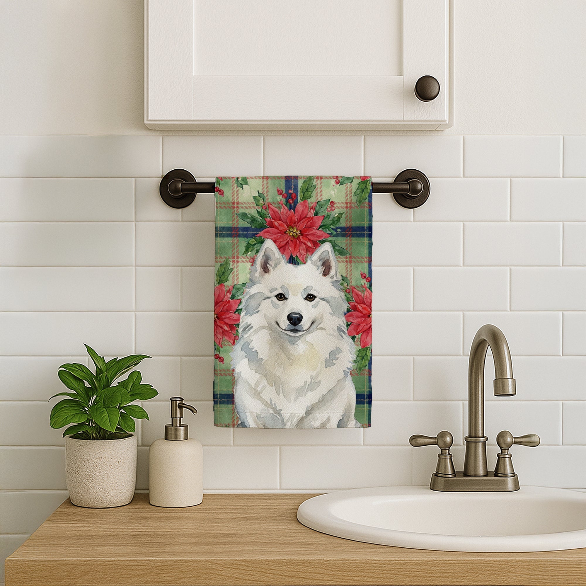 American Eskimo Christmas PoinsettIas Kitchen Towel Velour Plush Front and Cotton Loop Back Machine Washable