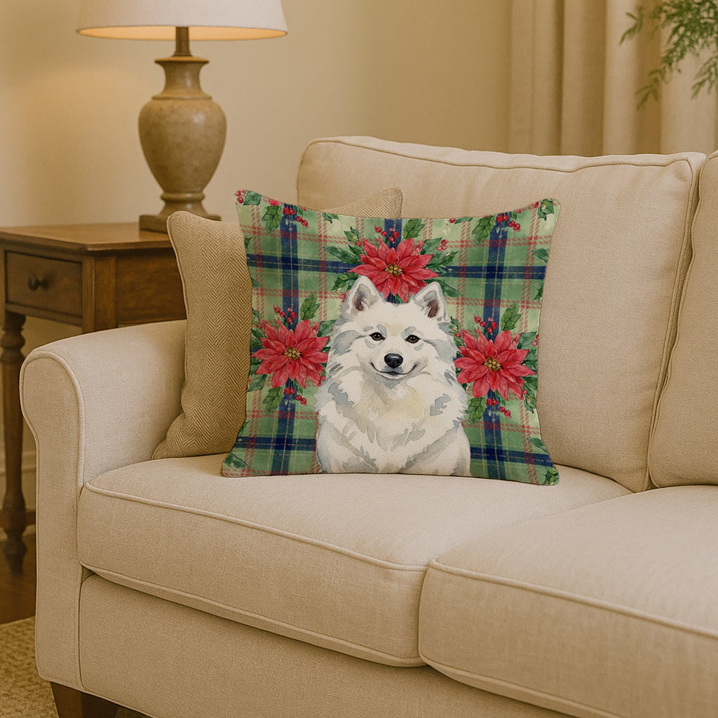 American Eskimo Christmas PoinsettIas Decorative Throw Pillow 14x14 Indoor Outdoor Accent Cushion, Fabric Cover with Insert for Sofa, Bed, Porch & Living Room