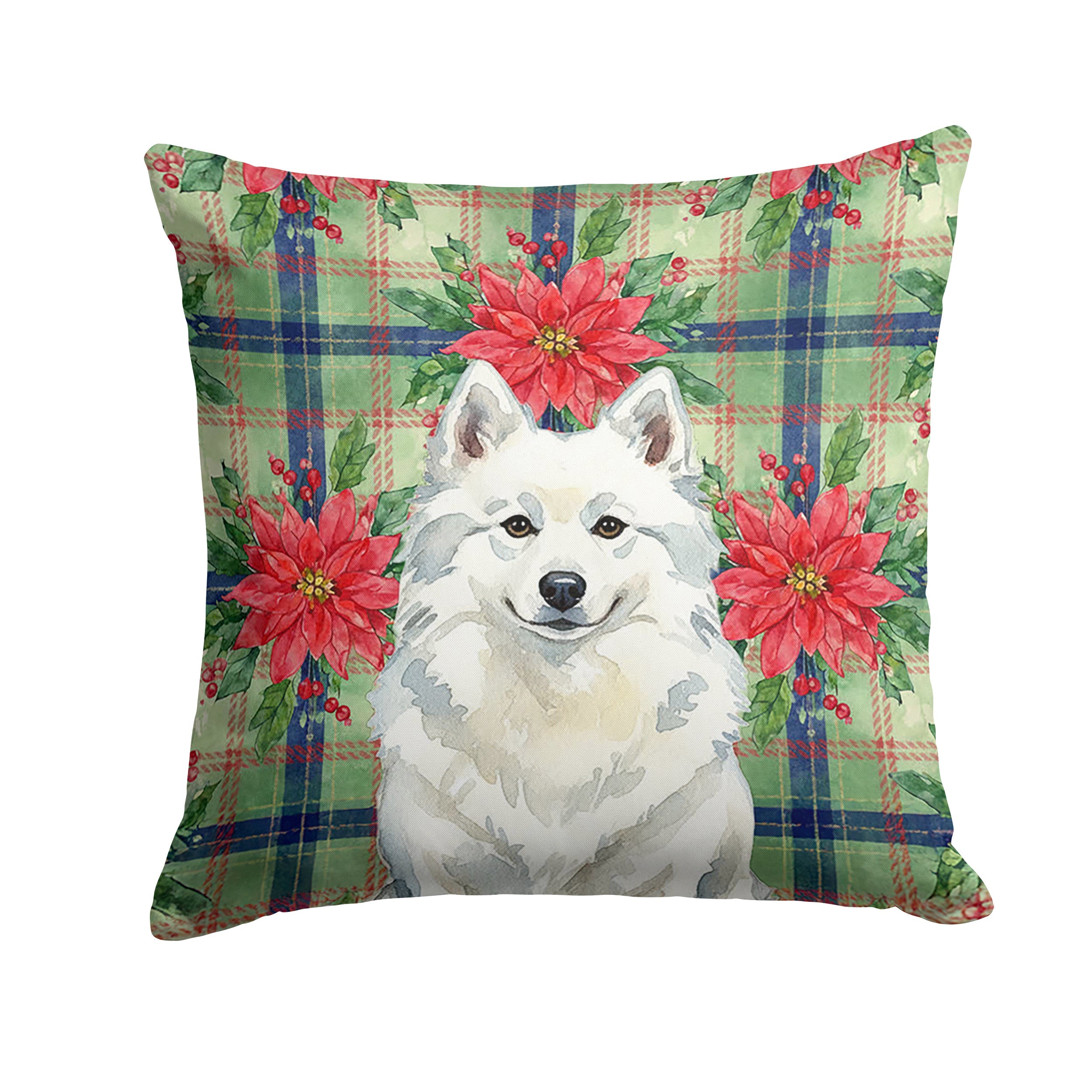 American Eskimo Christmas PoinsettIas Decorative Throw Pillow 18x18 Indoor Outdoor Accent Cushion, Fabric Cover with Insert for Sofa, Bed, Porch & Living Room