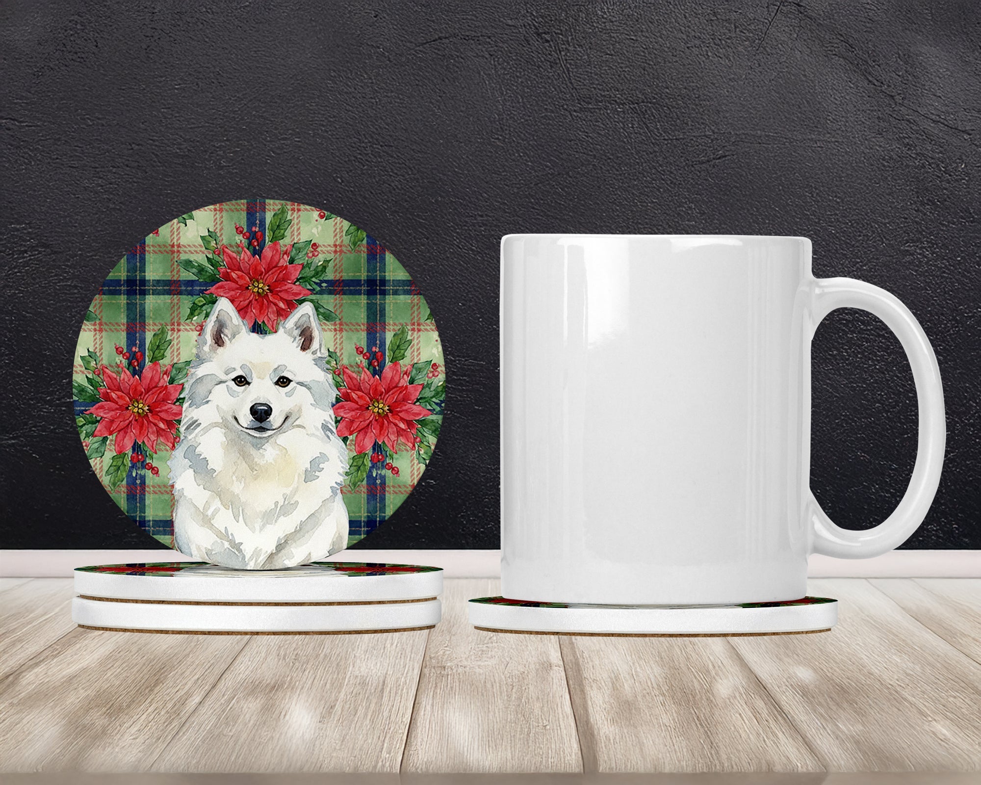 American Eskimo Christmas PoinsettIas Large Sandstone Coasters Pack of 4 Absorbent Round Coasters Decor Gifts for Men or Women, 4 in, Multicolor