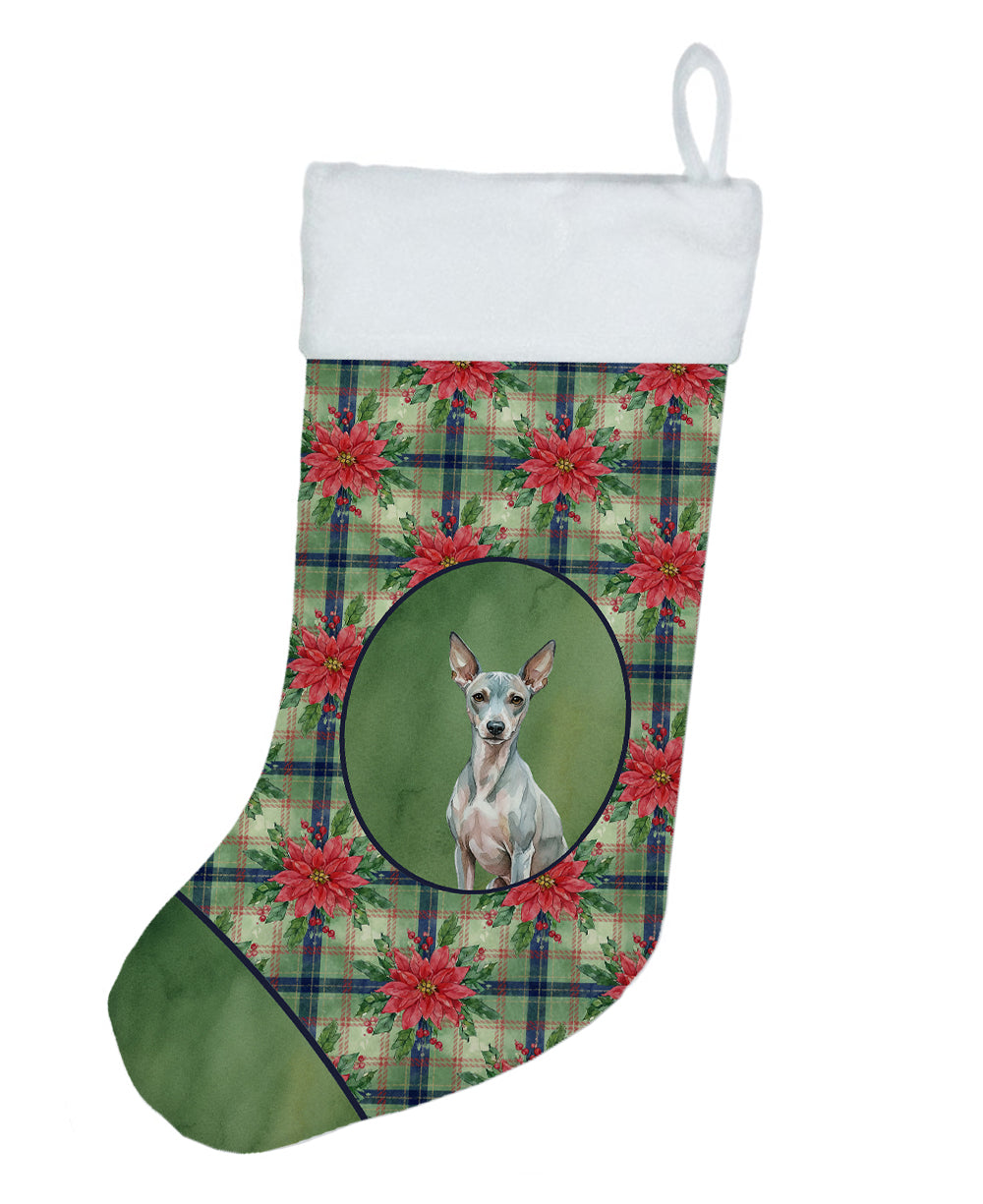 American Hairless Terrier Christmas PoinsettIas Holiday Stocking Double-Sided Print, Polyester Suede,11x18, Made in USA