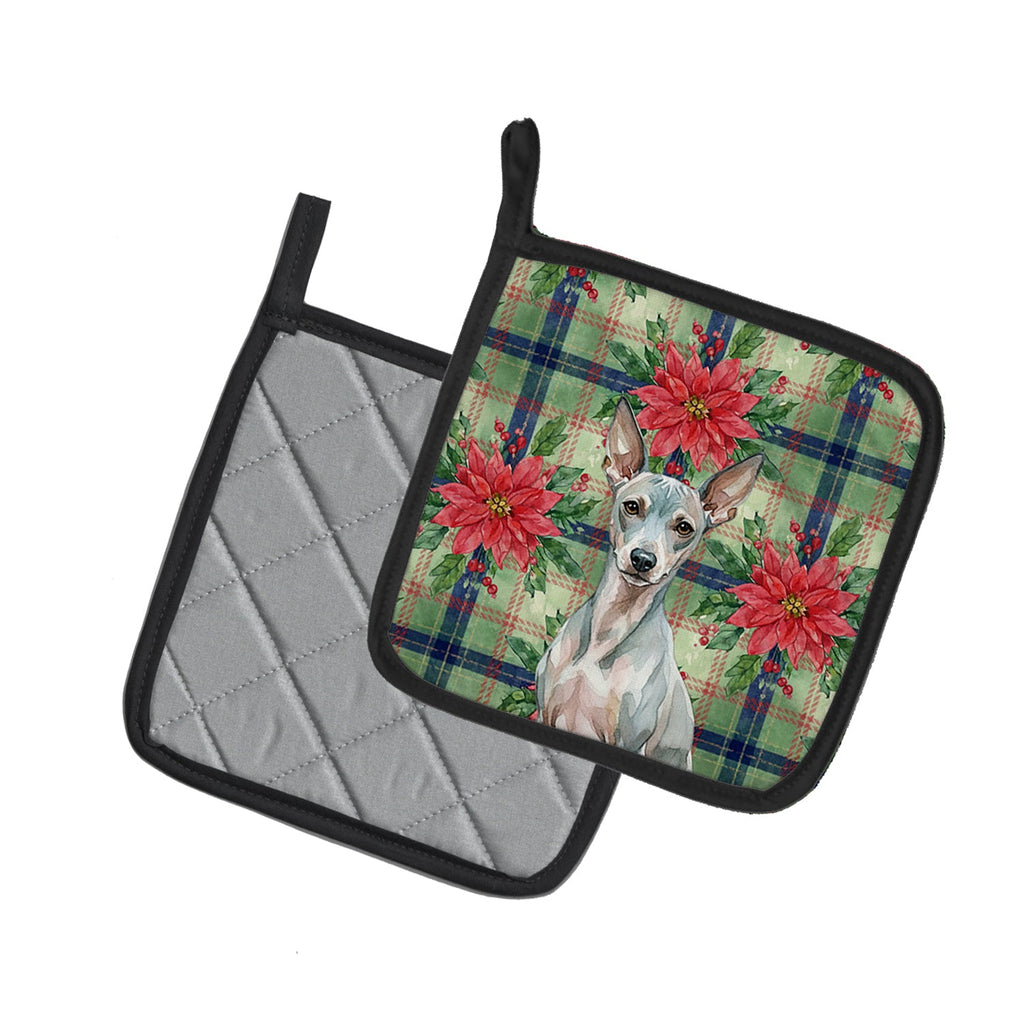 American Hairless Terrier Christmas PoinsettIas Pot Holder Set of 2 Heat Resistant Quilted Hot Pads 7.5 x 7.5 Inch, Insulated Kitchen Trivets for Cooking & Baking