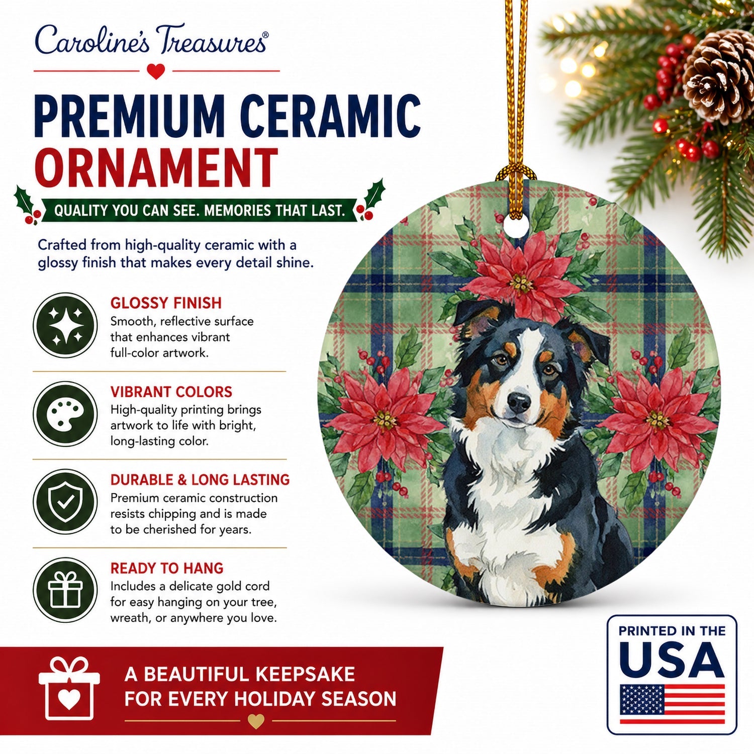 Black Tri American Shepherd Christmas PoinsettIas Ceramic Ornament Christmas Tree Hanging Decorations for Home Christmas Holiday, Party, Gift, 3 in, Multicolor