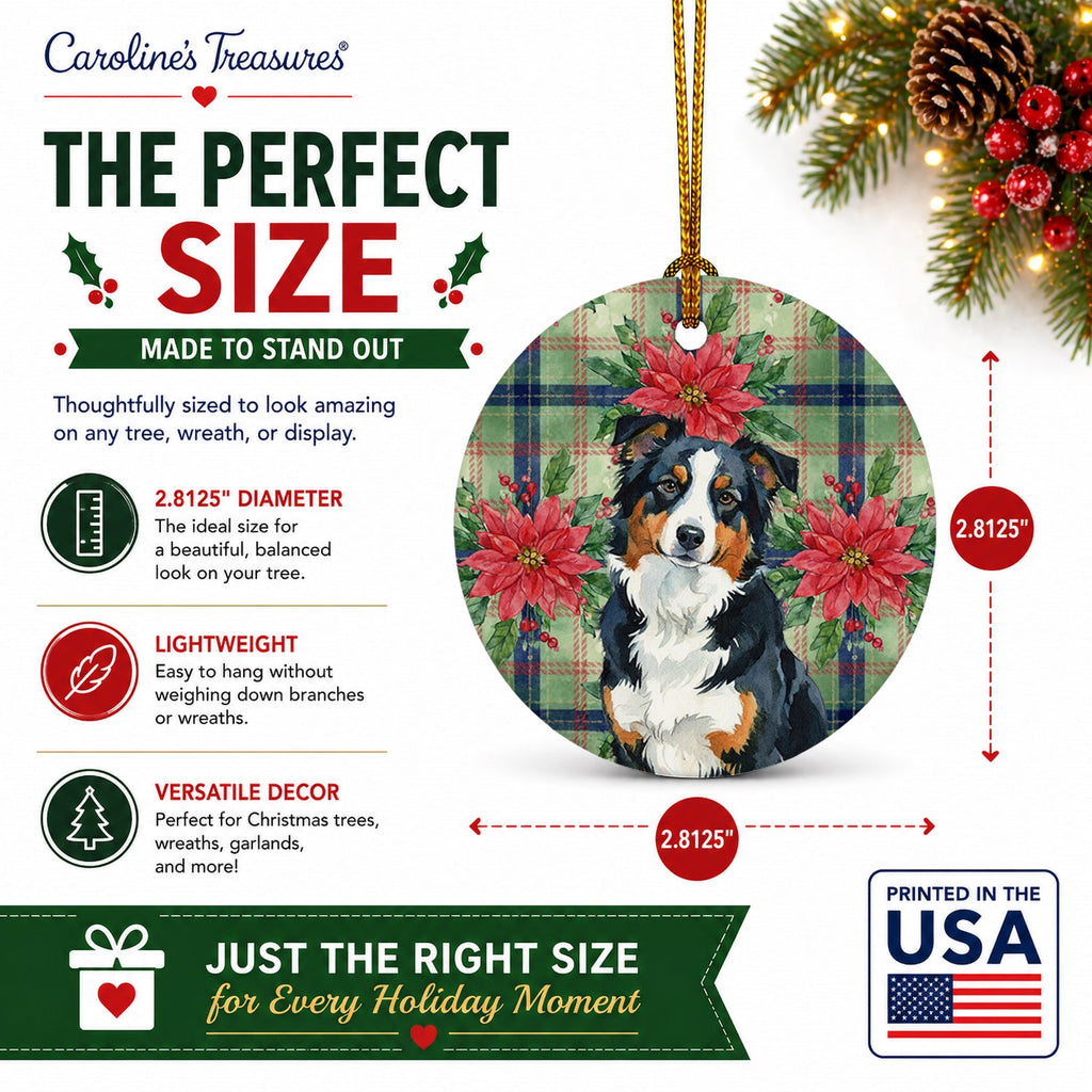 Black Tri American Shepherd Christmas PoinsettIas Ceramic Ornament Christmas Tree Hanging Decorations for Home Christmas Holiday, Party, Gift, 3 in, Multicolor
