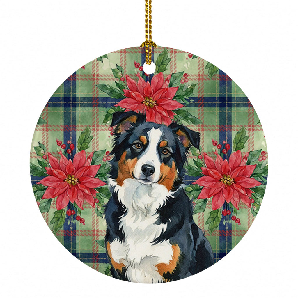 Black Tri American Shepherd Christmas PoinsettIas Ceramic Ornament Christmas Tree Hanging Decorations for Home Christmas Holiday, Party, Gift, 3 in, Multicolor