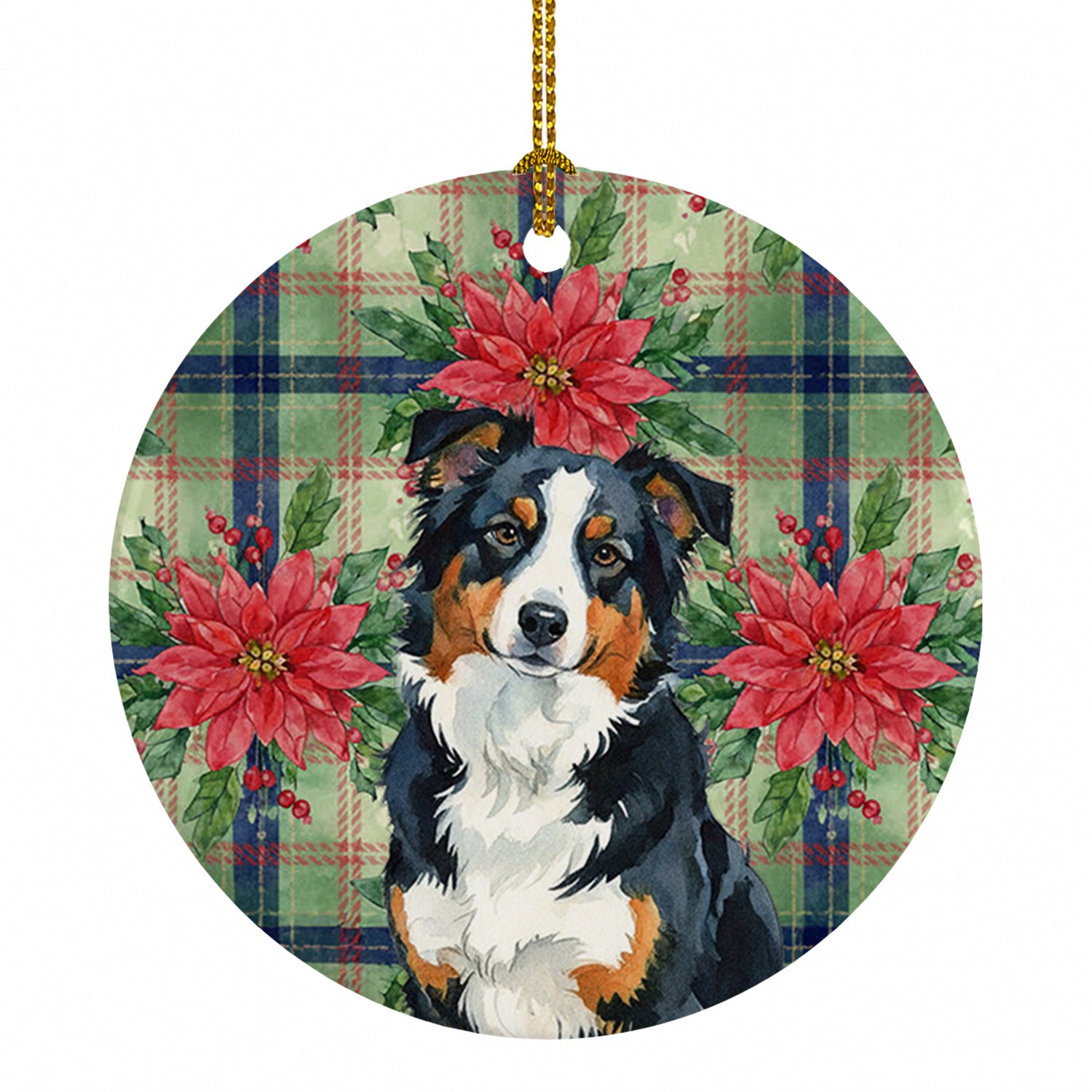 Black Tri American Shepherd Christmas PoinsettIas Ceramic Ornament Christmas Tree Hanging Decorations for Home Christmas Holiday, Party, Gift, 3 in, Multicolor