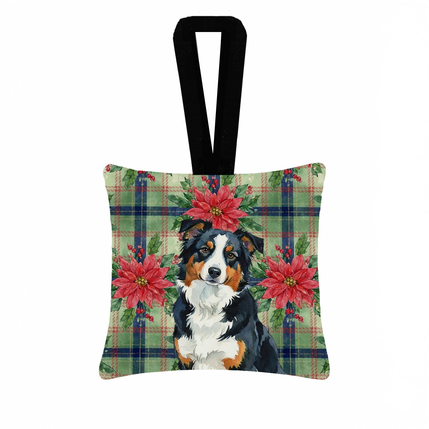 Black Tri American Shepherd Christmas PoinsettIas Hanging Square Fabric Ornament 3.5 � 3.5 Decorative Door-Knob & Tree Hanger, Soft Fabric