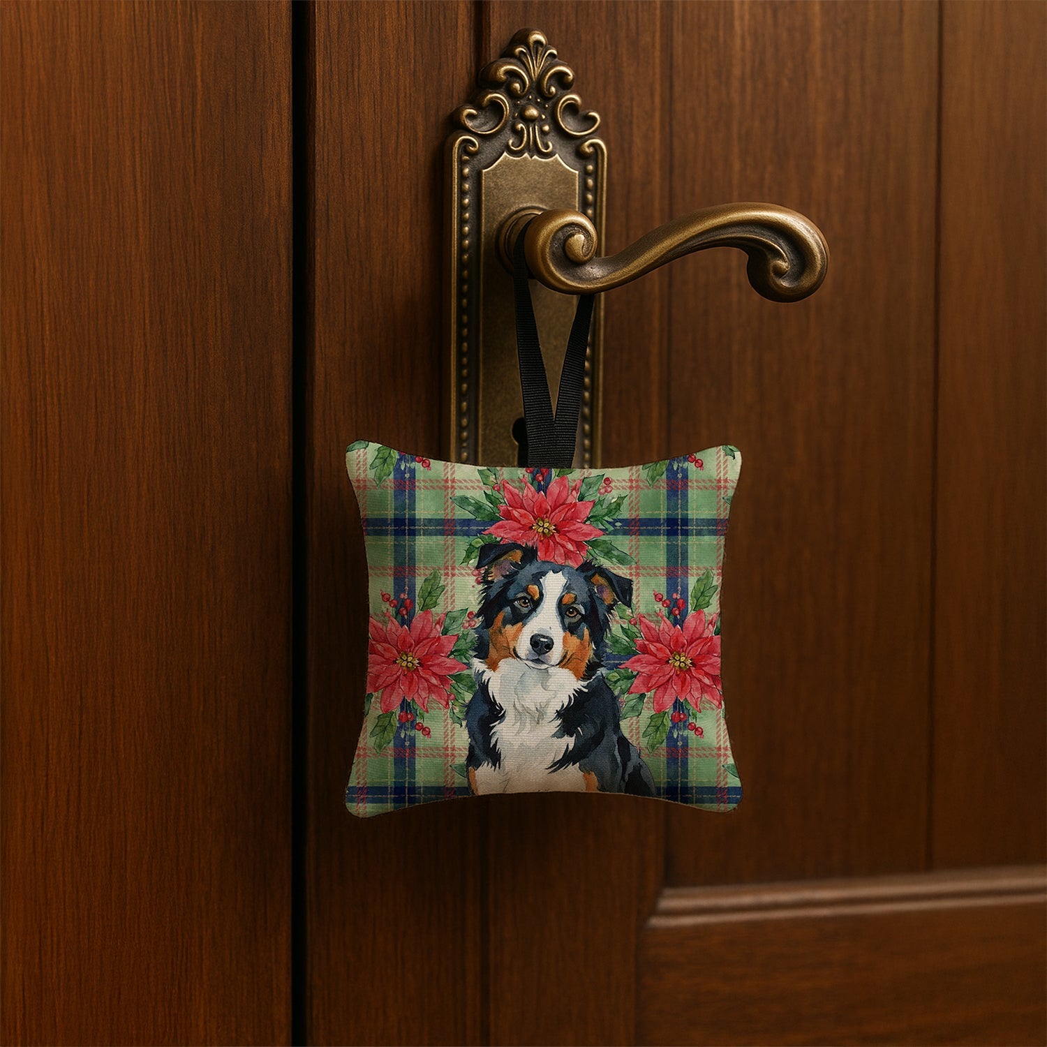 Black Tri American Shepherd Christmas PoinsettIas Hanging Square Fabric Ornament 3.5 � 3.5 Decorative Door-Knob & Tree Hanger, Soft Fabric