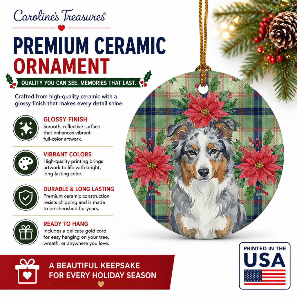 Blue Merle American Shepherd Christmas PoinsettIas Ceramic Ornament Christmas Tree Hanging Decorations for Home Christmas Holiday, Party, Gift, 3 in, Multicolor
