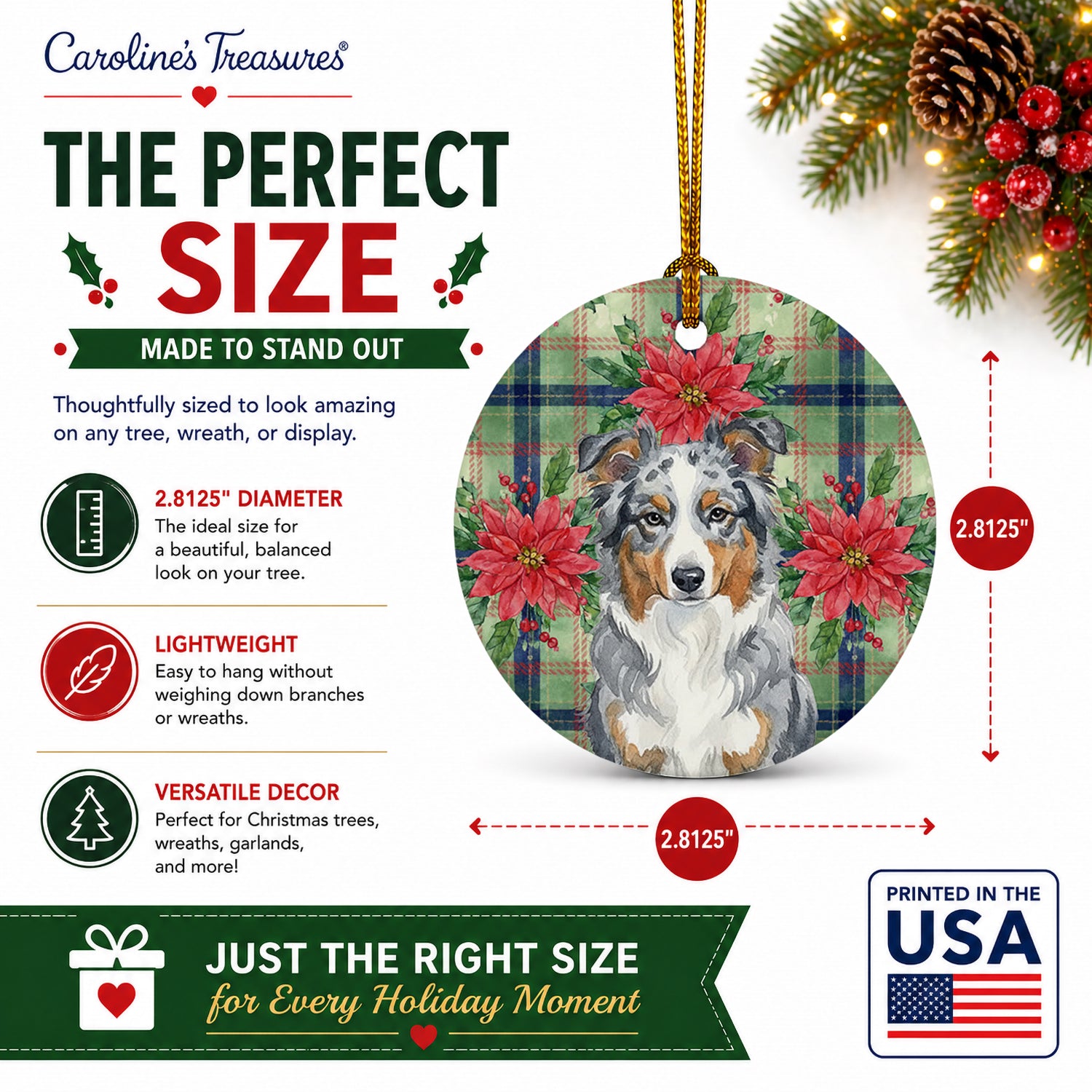 Blue Merle American Shepherd Christmas PoinsettIas Ceramic Ornament Christmas Tree Hanging Decorations for Home Christmas Holiday, Party, Gift, 3 in, Multicolor