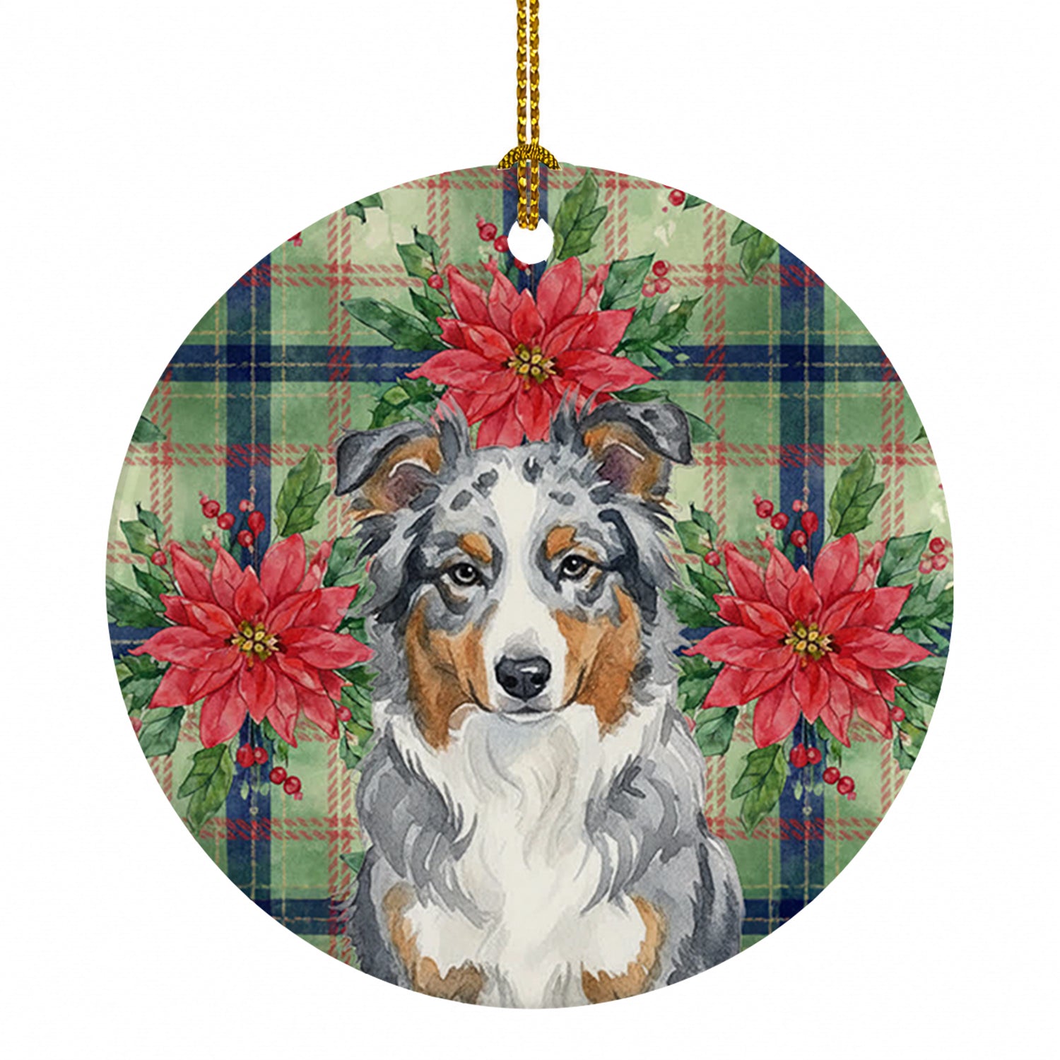 Blue Merle American Shepherd Christmas PoinsettIas Ceramic Ornament Christmas Tree Hanging Decorations for Home Christmas Holiday, Party, Gift, 3 in, Multicolor