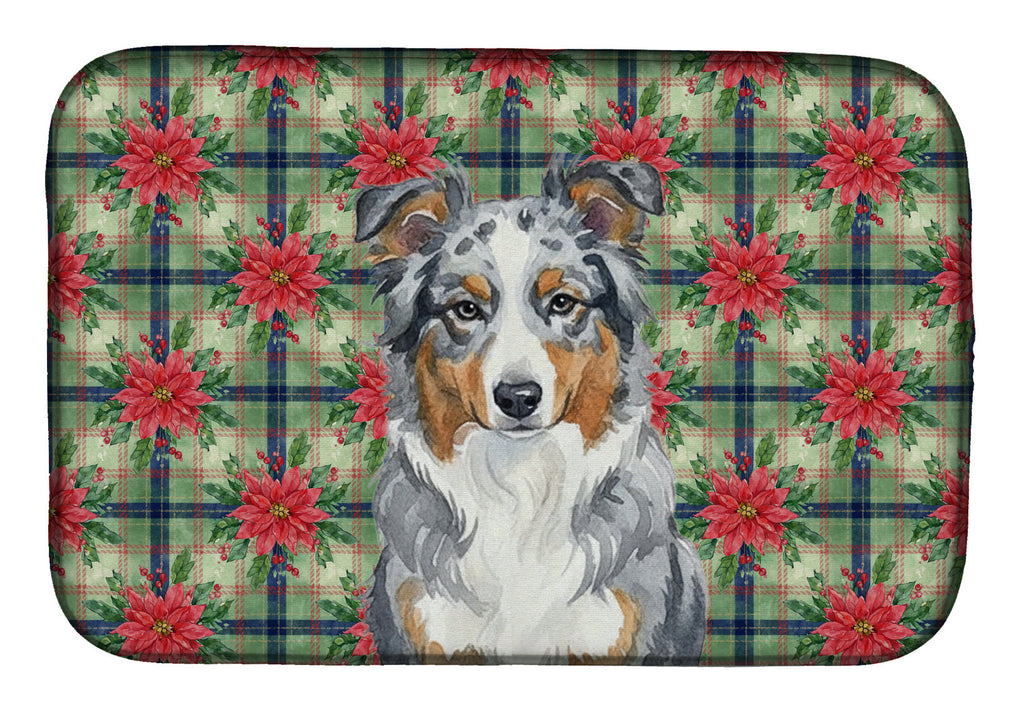 Blue Merle American Shepherd Christmas PoinsettIas Dish Drying Mat Absorbent Dish Drying Mat Pad for Kitchen Counter Dish Drainer Mat for Countertop, 14 x 21", Multicolor