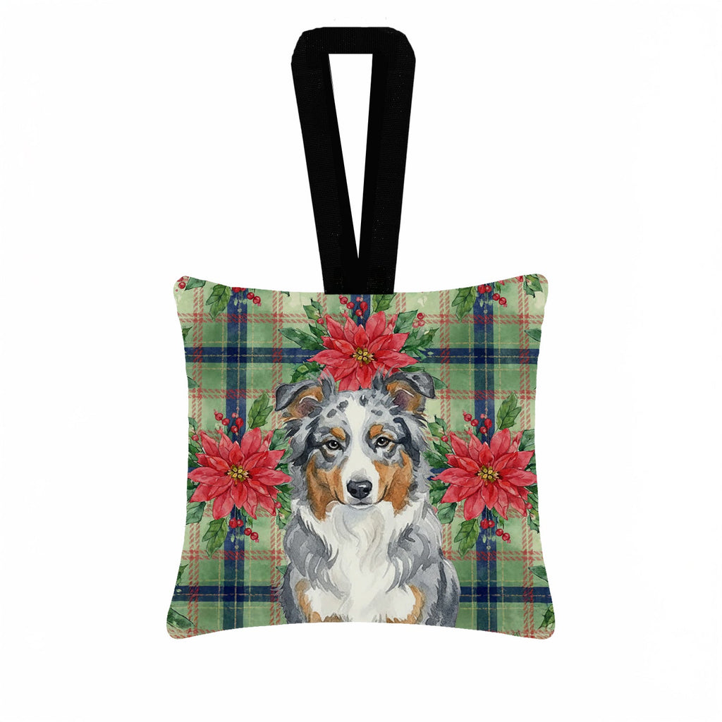Blue Merle American Shepherd Christmas PoinsettIas Hanging Square Fabric Ornament 3.5 � 3.5 Decorative Door-Knob & Tree Hanger, Soft Fabric