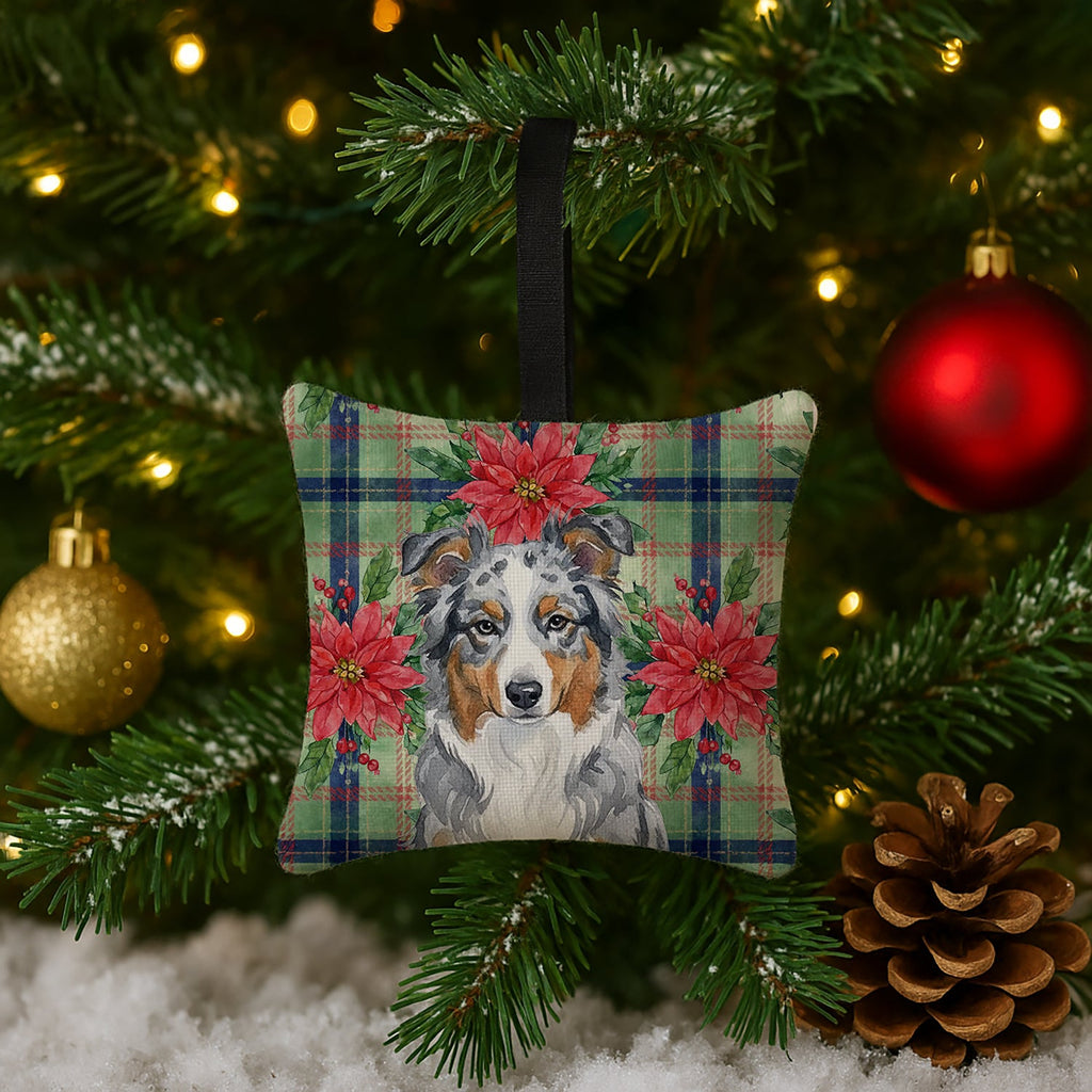 Blue Merle American Shepherd Christmas PoinsettIas Hanging Square Fabric Ornament 3.5 � 3.5 Decorative Door-Knob & Tree Hanger, Soft Fabric
