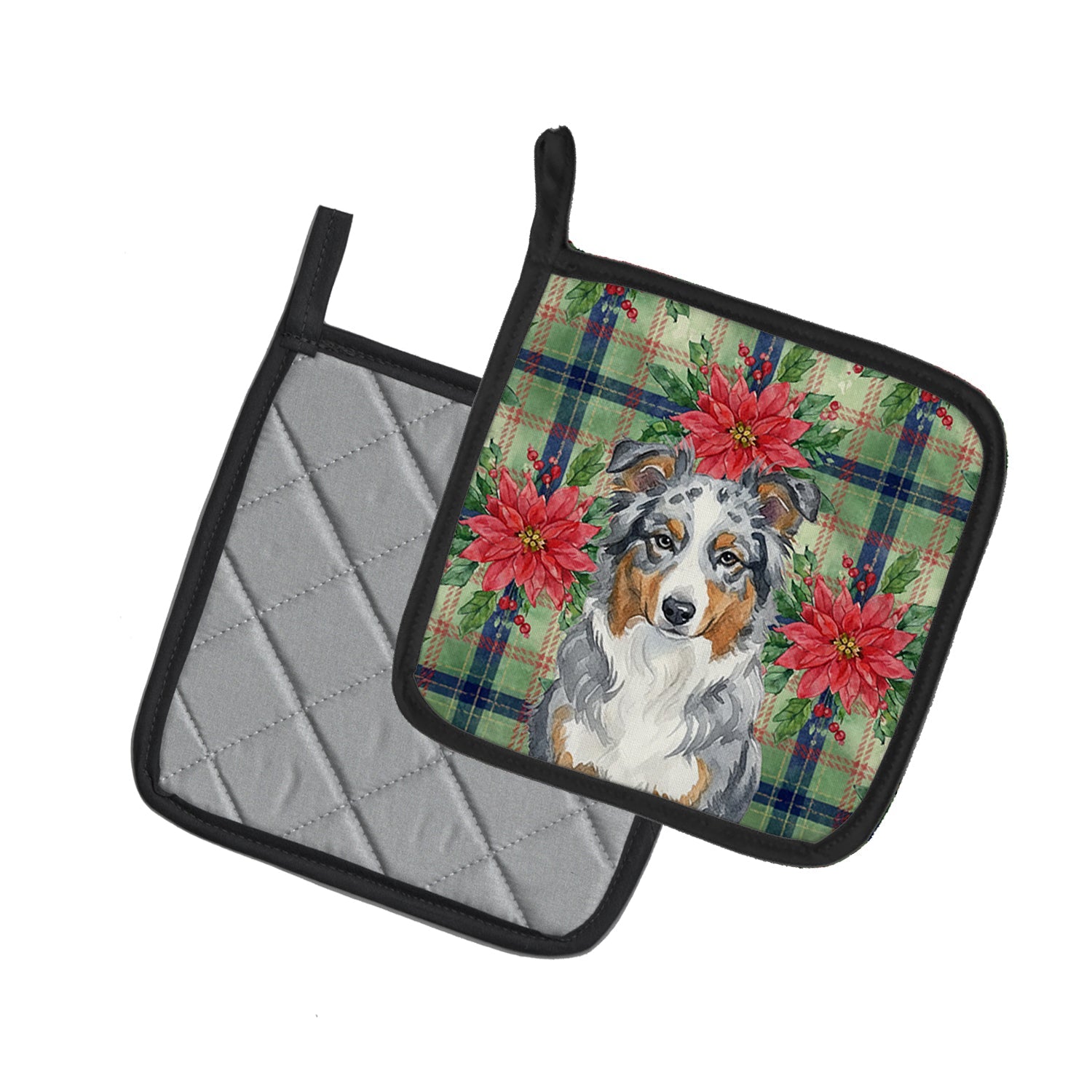 Blue Merle American Shepherd Christmas PoinsettIas Pot Holder Set of 2 Heat Resistant Quilted Hot Pads 7.5 x 7.5 Inch, Insulated Kitchen Trivets for Cooking & Baking