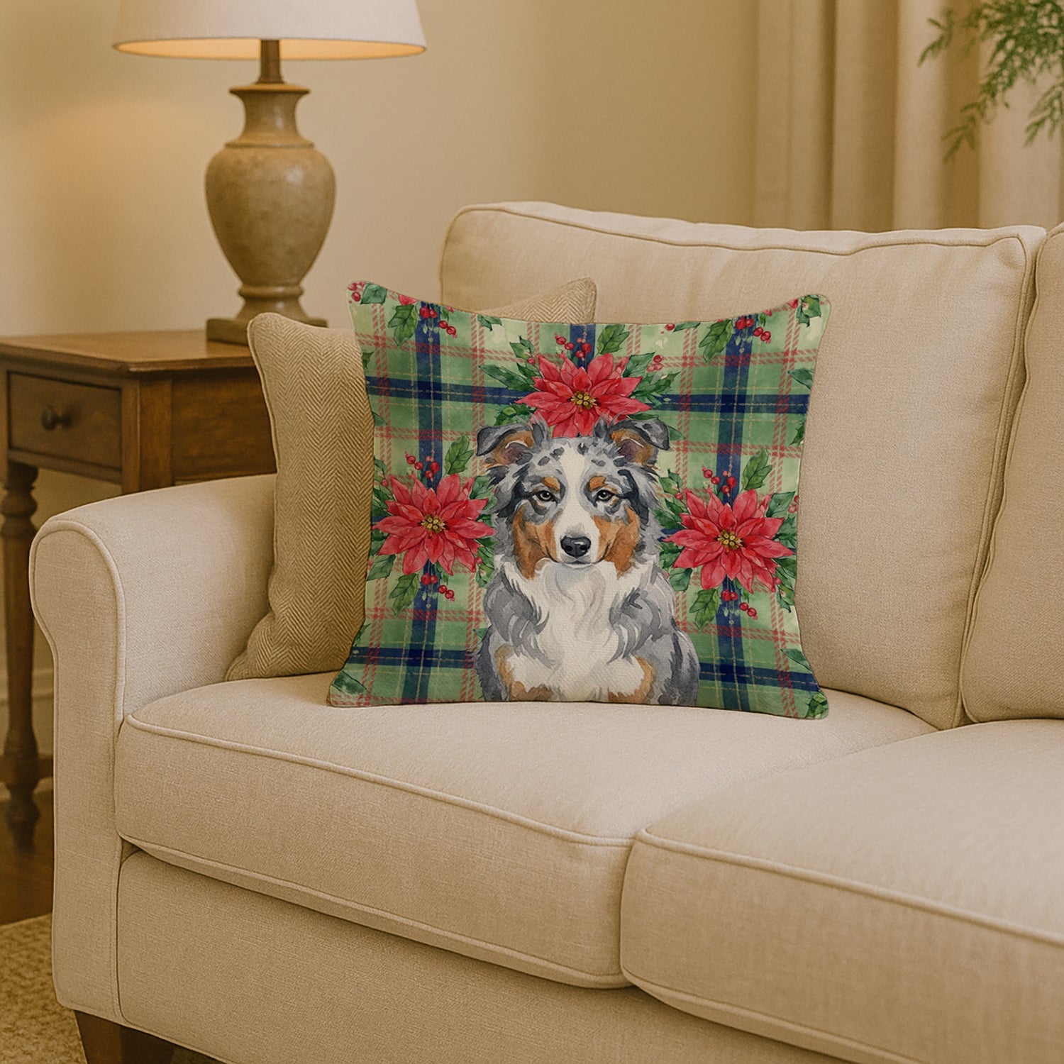 Blue Merle American Shepherd Christmas PoinsettIas Decorative Throw Pillow 14x14 Indoor Outdoor Accent Cushion, Fabric Cover with Insert for Sofa, Bed, Porch & Living Room