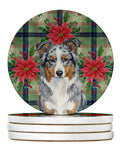 Blue Merle American Shepherd Christmas PoinsettIas Large Sandstone Coasters Pack of 4 Absorbent Round Coasters Decor Gifts for Men or Women, 4 in, Multicolor