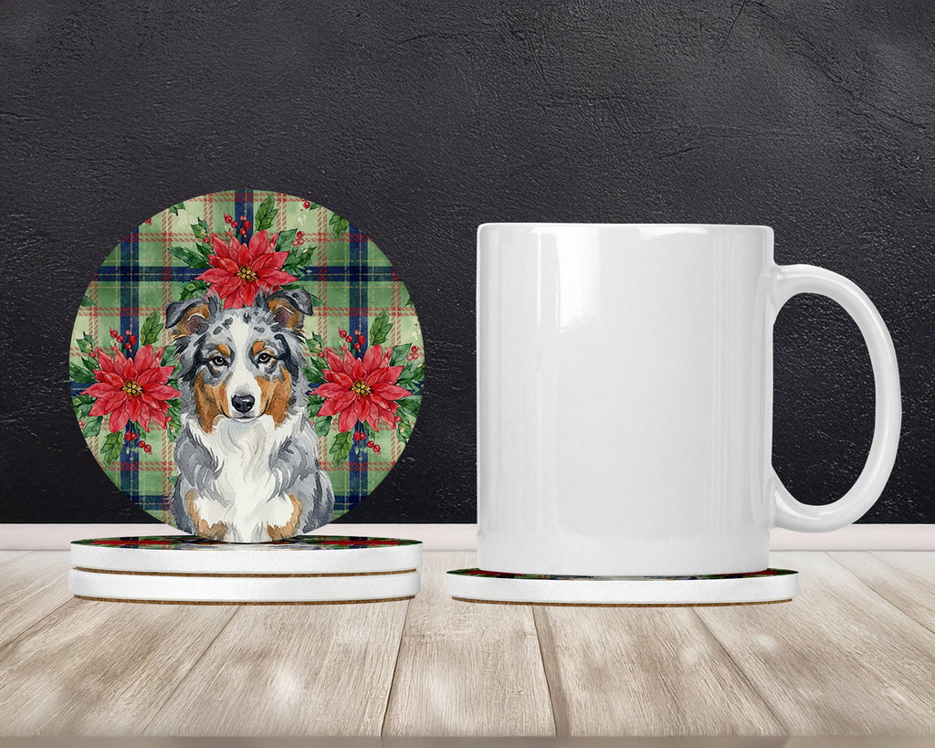 Blue Merle American Shepherd Christmas PoinsettIas Large Sandstone Coasters Pack of 4 Absorbent Round Coasters Decor Gifts for Men or Women, 4 in, Multicolor