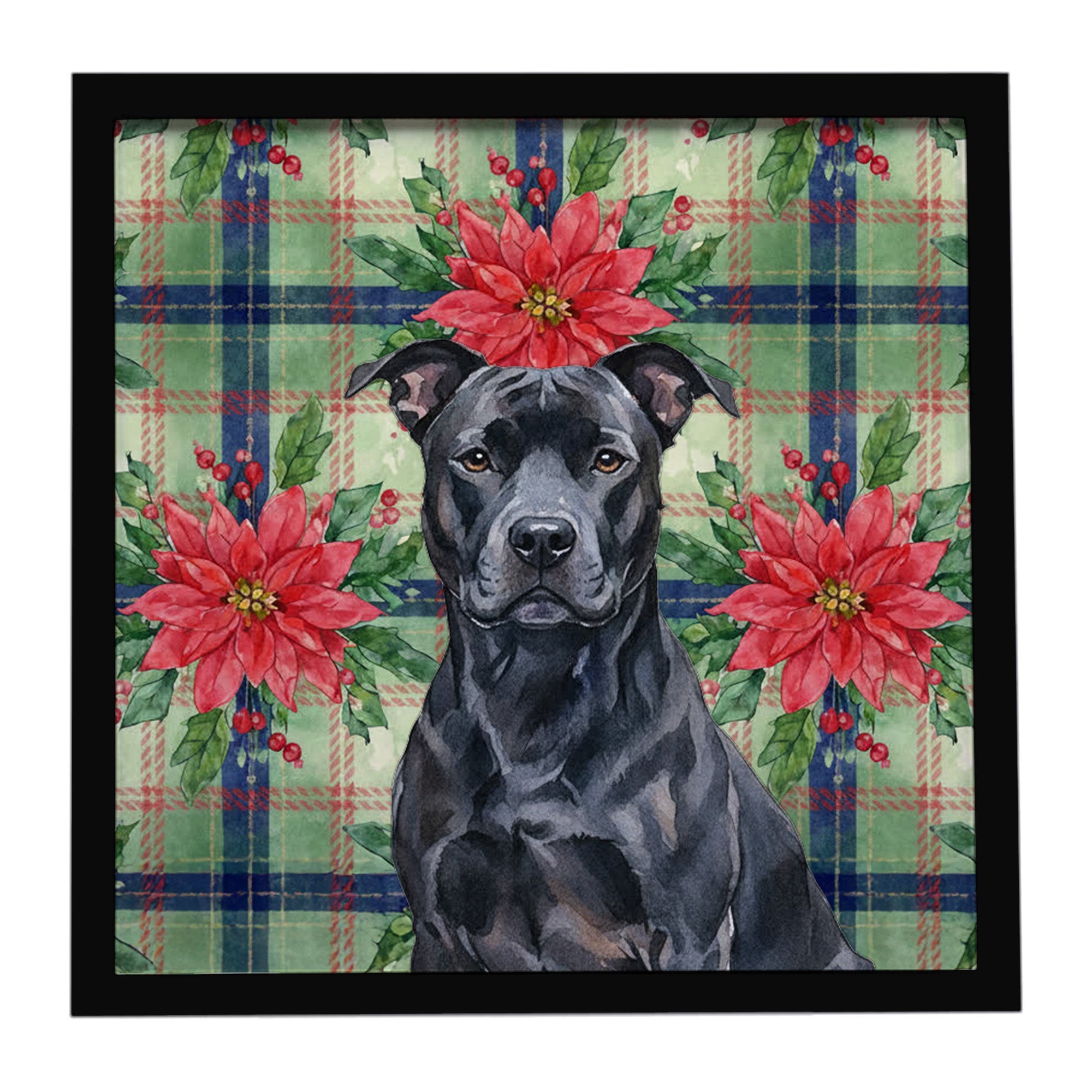 Black American Staffordshire Terrier Christmas PoinsettIas Framed Metal Print Bathroom, Kitchen, Office, Home Decor Wall Art Ready to Hang, Square, 8X8