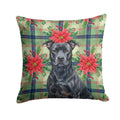 Black American Staffordshire Terrier Christmas PoinsettIas Decorative Throw Pillow 14x14 Indoor Outdoor Accent Cushion, Fabric Cover with Insert for Sofa, Bed, Porch & Living Room