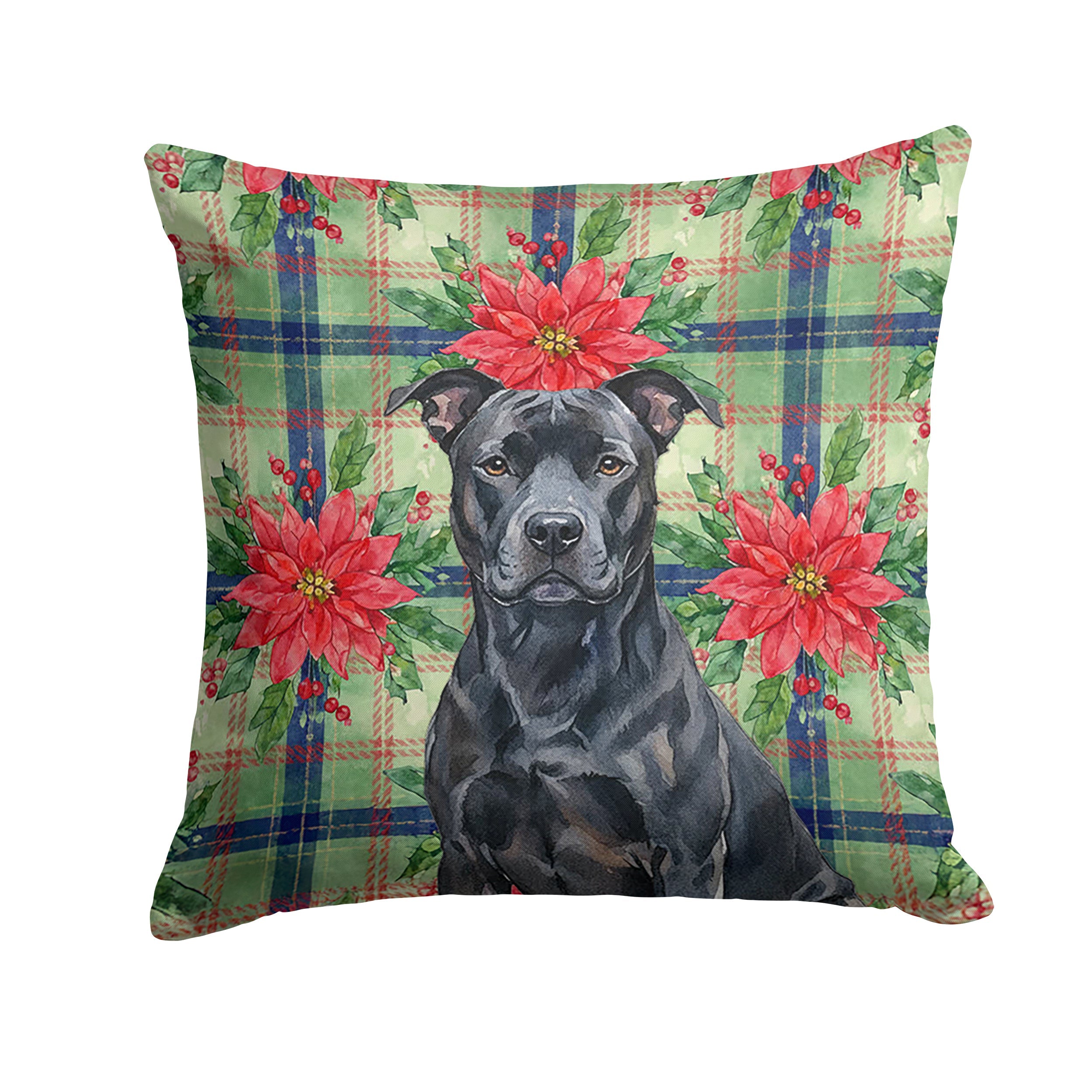 Black American Staffordshire Terrier Christmas PoinsettIas Decorative Throw Pillow 14x14 Indoor Outdoor Accent Cushion, Fabric Cover with Insert for Sofa, Bed, Porch & Living Room