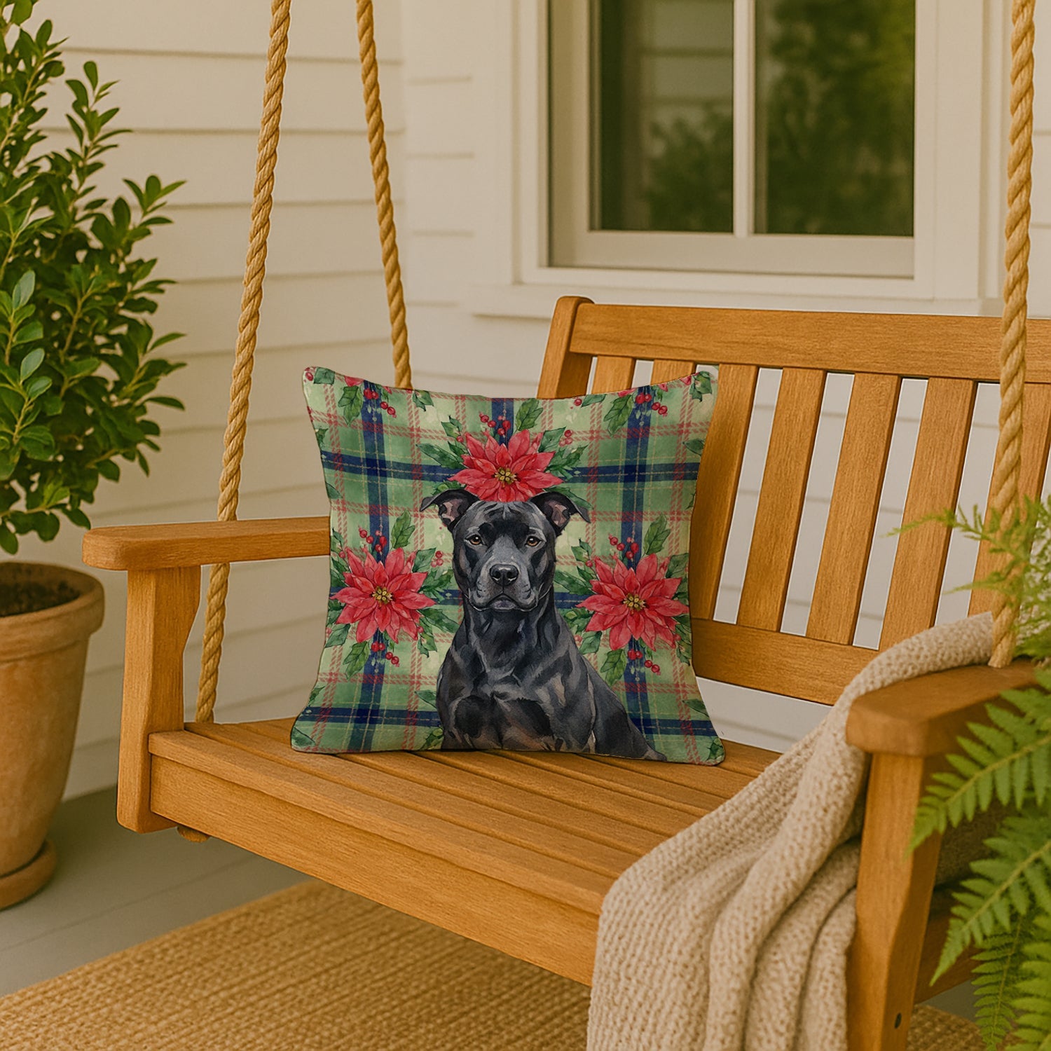 Black American Staffordshire Terrier Christmas PoinsettIas Decorative Throw Pillow 18x18 Indoor Outdoor Accent Cushion, Fabric Cover with Insert for Sofa, Bed, Porch & Living Room