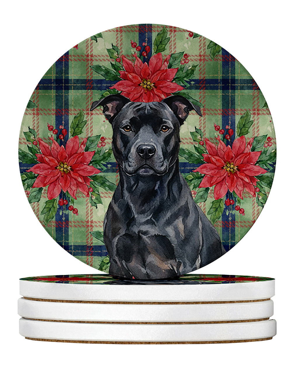 Black American Staffordshire Terrier Christmas PoinsettIas Large Sandstone Coasters Pack of 4 Absorbent Round Coasters Decor Gifts for Men or Women, 4 in, Multicolor