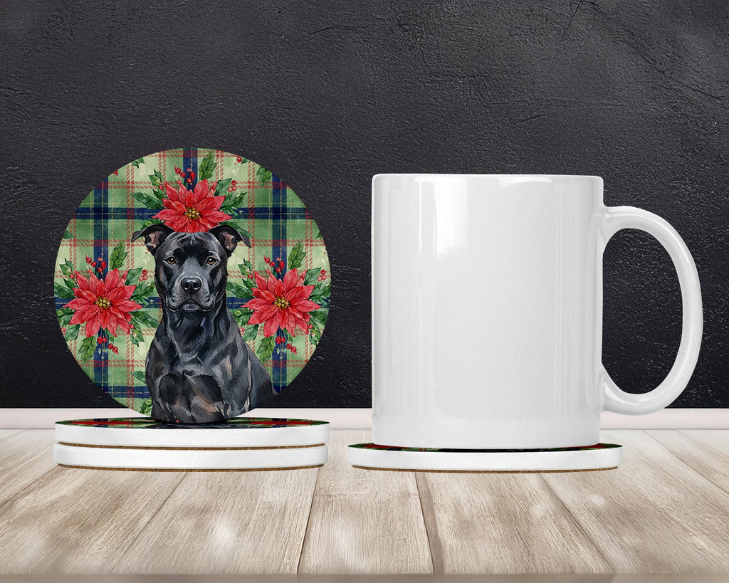 Black American Staffordshire Terrier Christmas PoinsettIas Large Sandstone Coasters Pack of 4 Absorbent Round Coasters Decor Gifts for Men or Women, 4 in, Multicolor