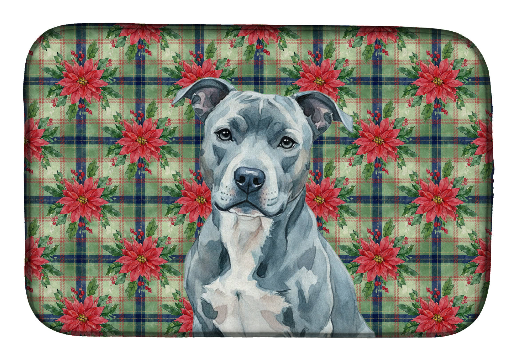 Blue American Staffordshire Terrier Christmas PoinsettIas Dish Drying Mat Absorbent Dish Drying Mat Pad for Kitchen Counter Dish Drainer Mat for Countertop, 14 x 21", Multicolor
