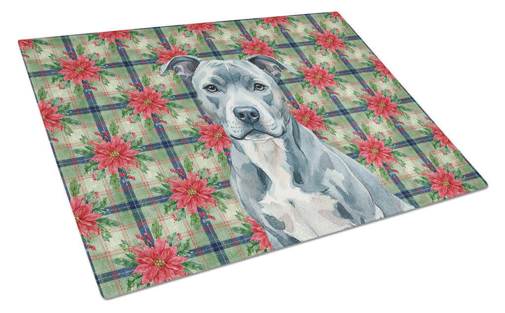 Blue American Staffordshire Terrier Christmas PoinsettIas Cutting Board Tempered Glass Kitchen Cutting Surface, Heat Resistant Chopping, Non-Slip Feet, Food Prep & Serving