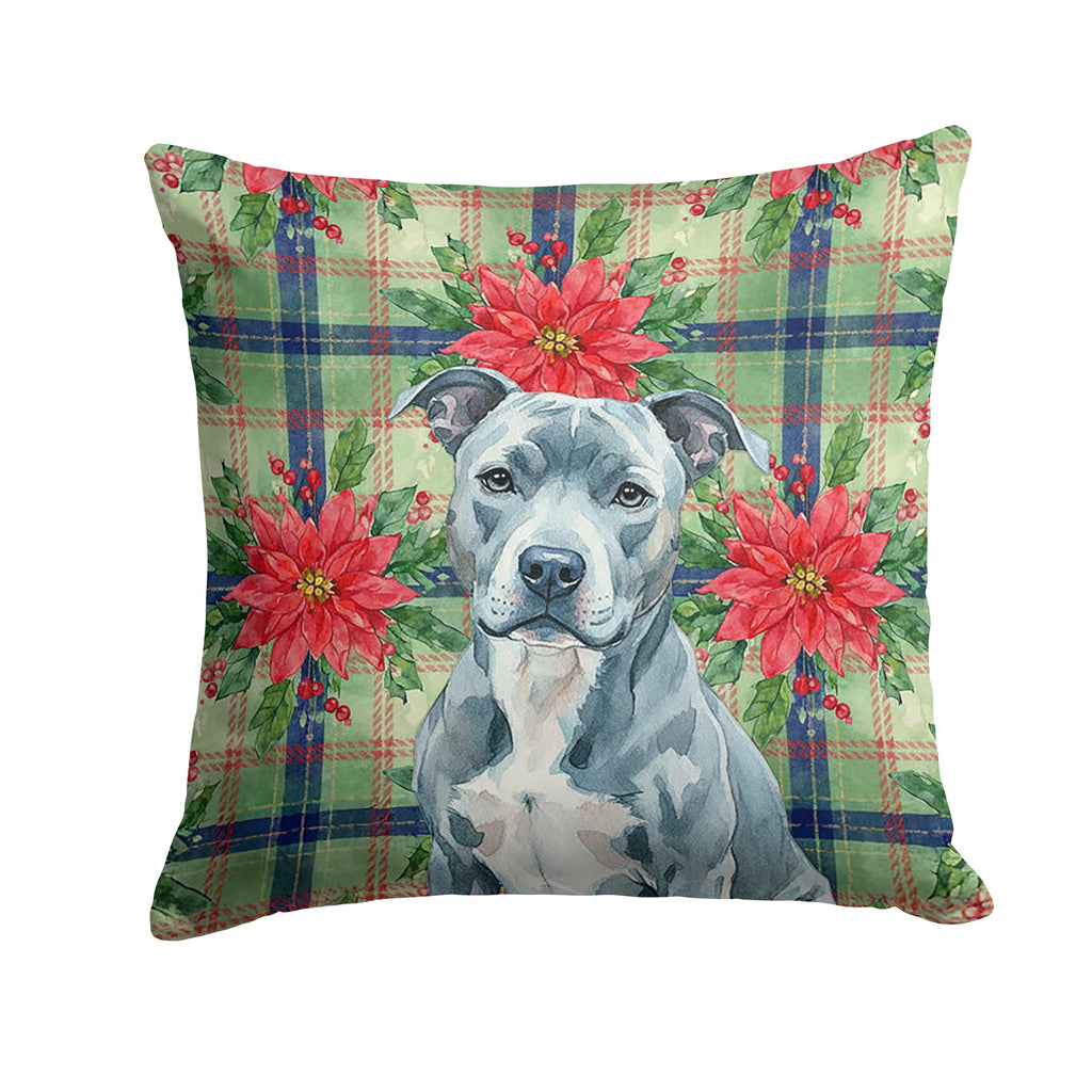 Blue American Staffordshire Terrier Christmas PoinsettIas Decorative Throw Pillow 18x18 Indoor Outdoor Accent Cushion, Fabric Cover with Insert for Sofa, Bed, Porch & Living Room