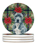 Blue American Staffordshire Terrier Christmas PoinsettIas Large Sandstone Coasters Pack of 4 Absorbent Round Coasters Decor Gifts for Men or Women, 4 in, Multicolor
